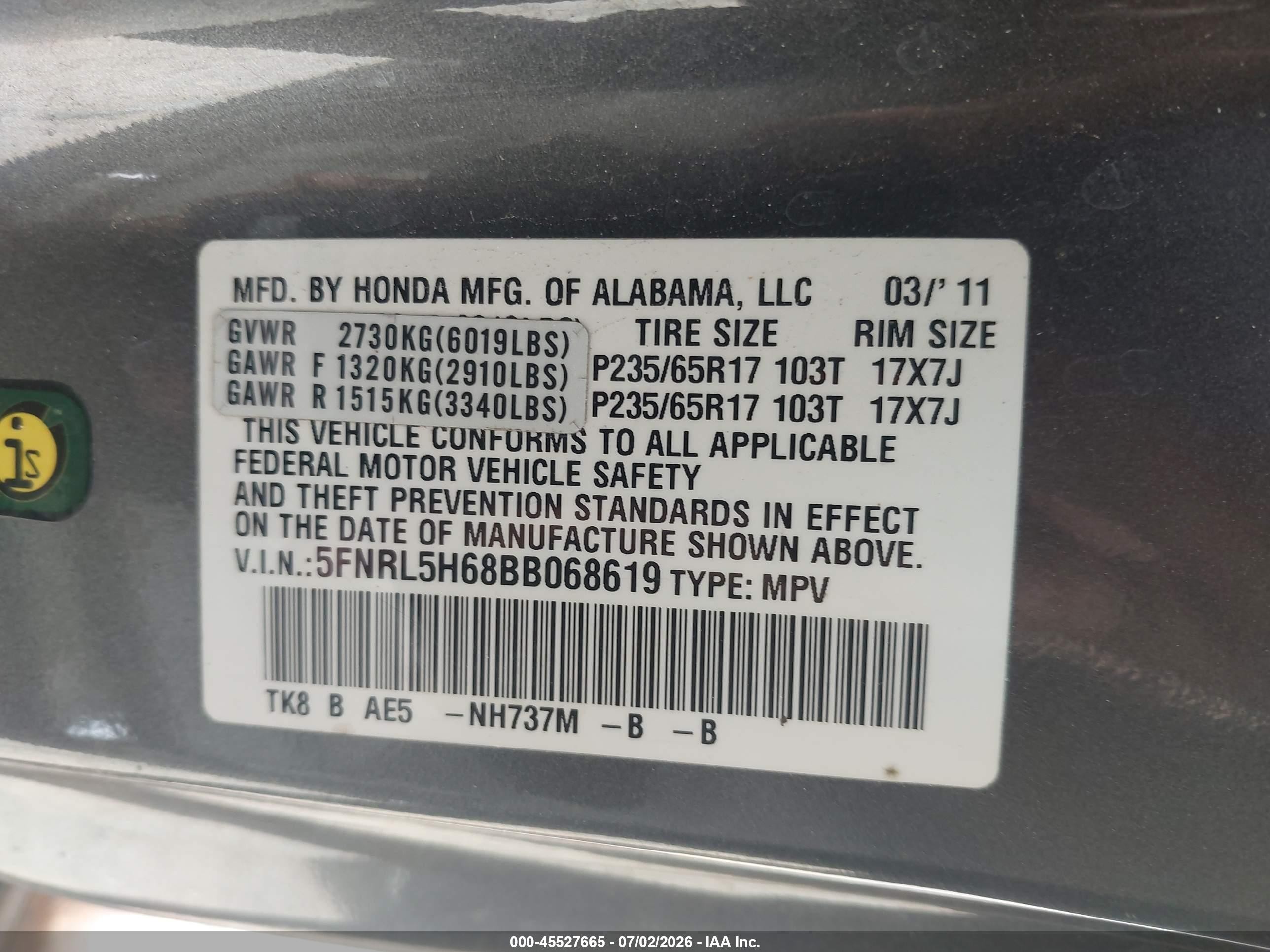 2011 Honda Odyssey Ex-l Gray vin: 5FNRL5H68BB068619