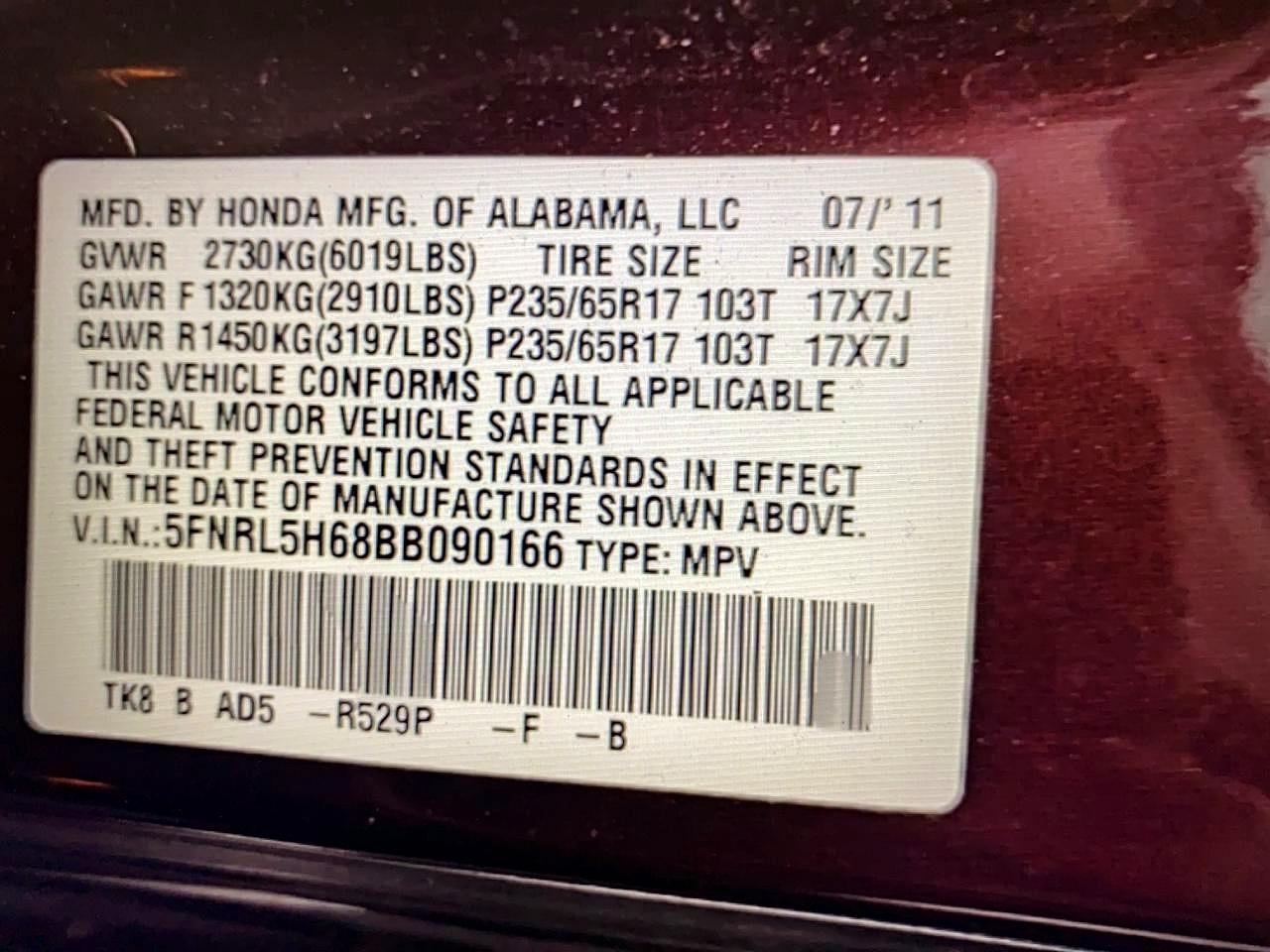 2011 Honda Odyssey Maroon vin: 5FNRL5H68BB090166