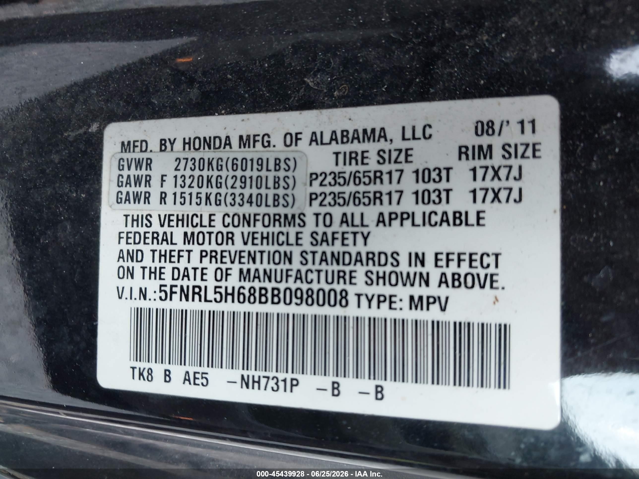 2011 Honda Odyssey Ex-l Черный vin: 5FNRL5H68BB098008