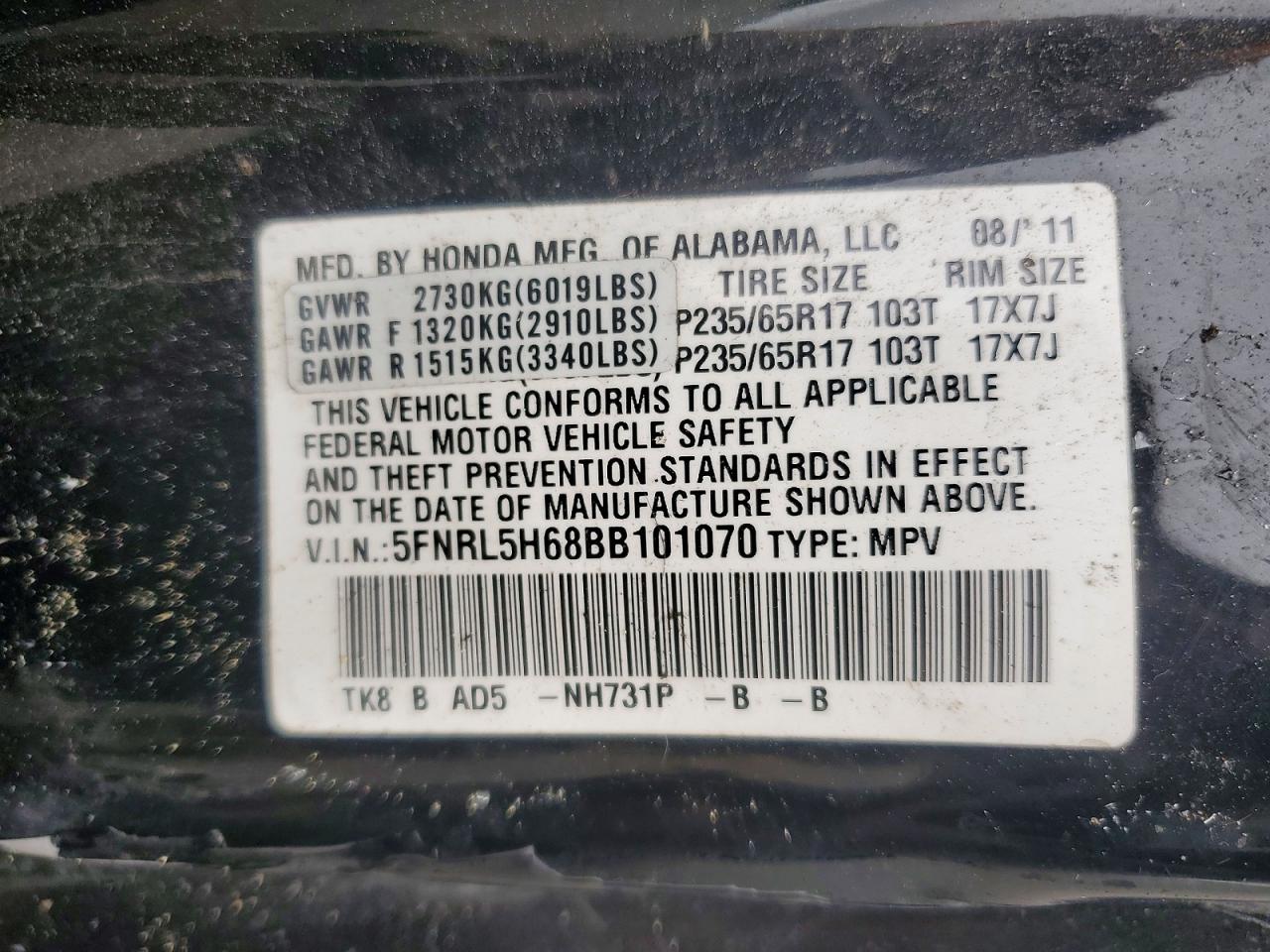 2011 Honda Odyssey Exl Black vin: 5FNRL5H68BB101070