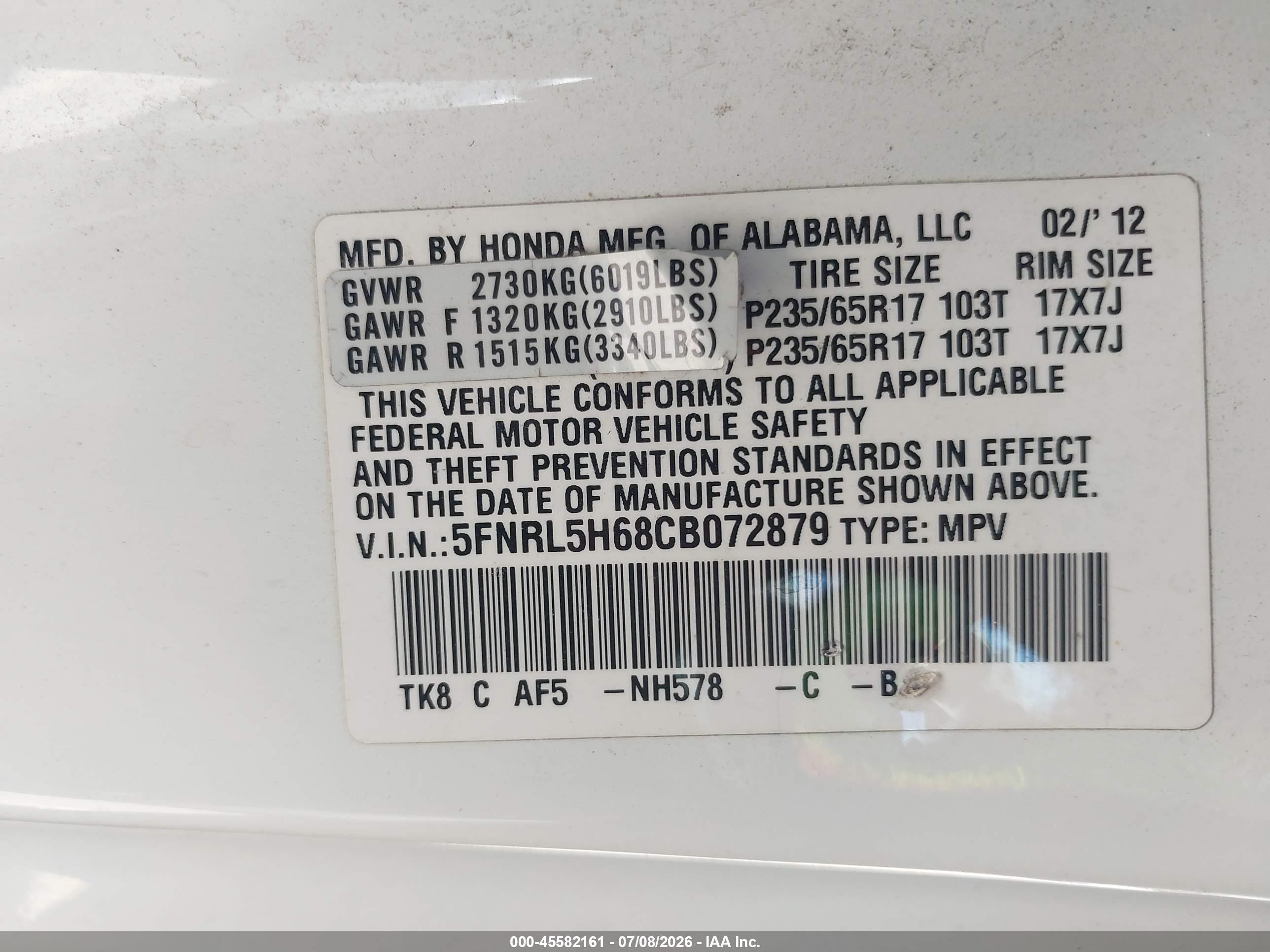 2012 Honda Odyssey Ex-l White vin: 5FNRL5H68CB072879