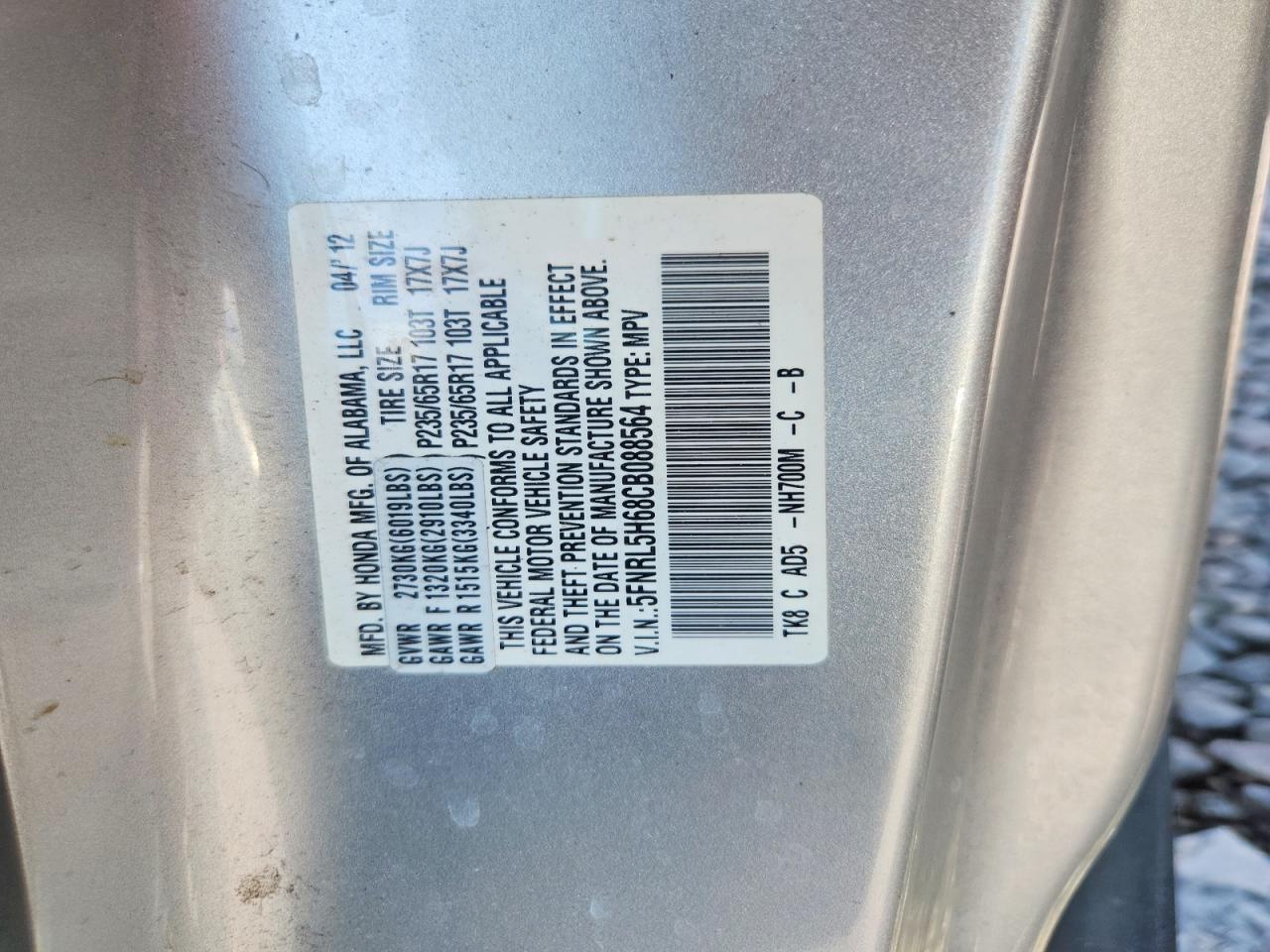 2012 Honda Odyssey Exl Silver vin: 5FNRL5H68CB088564