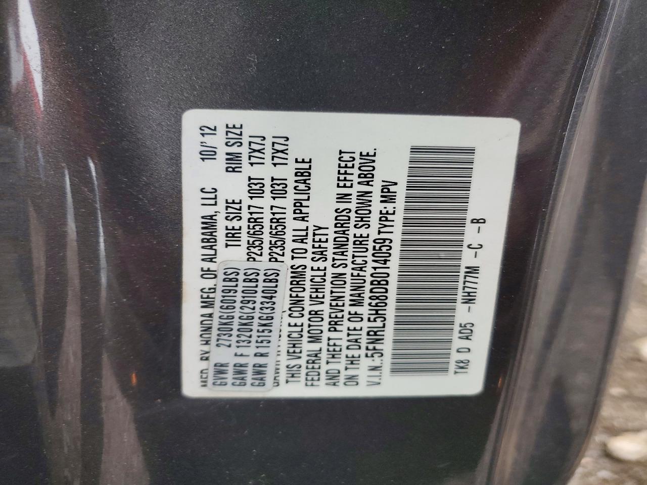 2013 Honda Odyssey Exl Gray vin: 5FNRL5H68DB014059