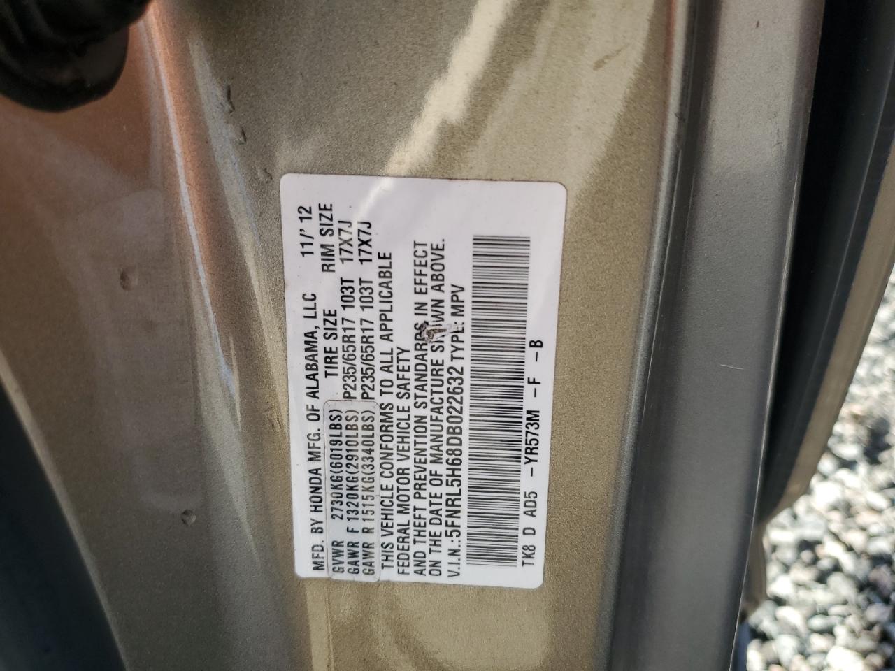 2013 Honda Odyssey Exl Tan vin: 5FNRL5H68DB022632