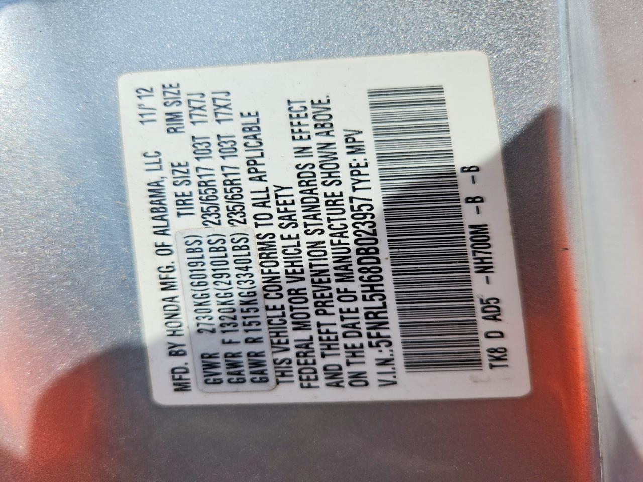 2013 Honda Odyssey Silver vin: 5FNRL5H68DB023957