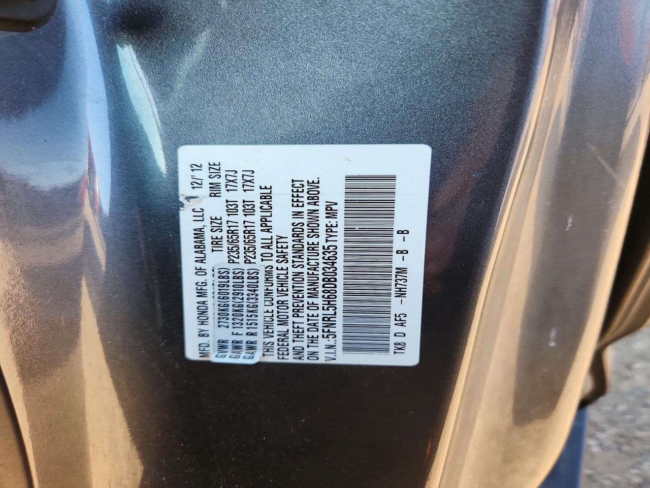 2013 Honda Odyssey Exl Gray vin: 5FNRL5H68DB034635