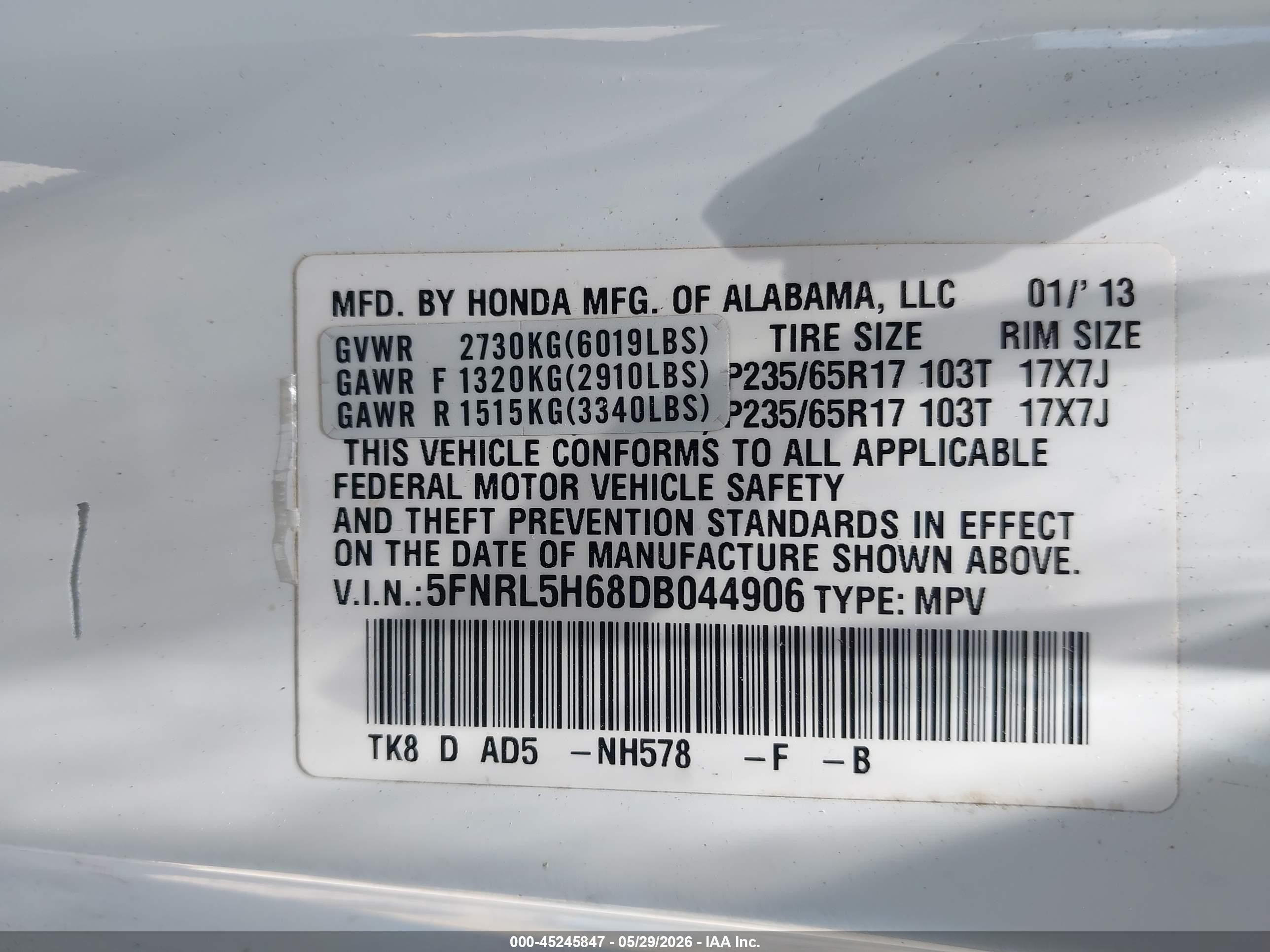 2013 Honda Odyssey Ex-l White vin: 5FNRL5H68DB044906