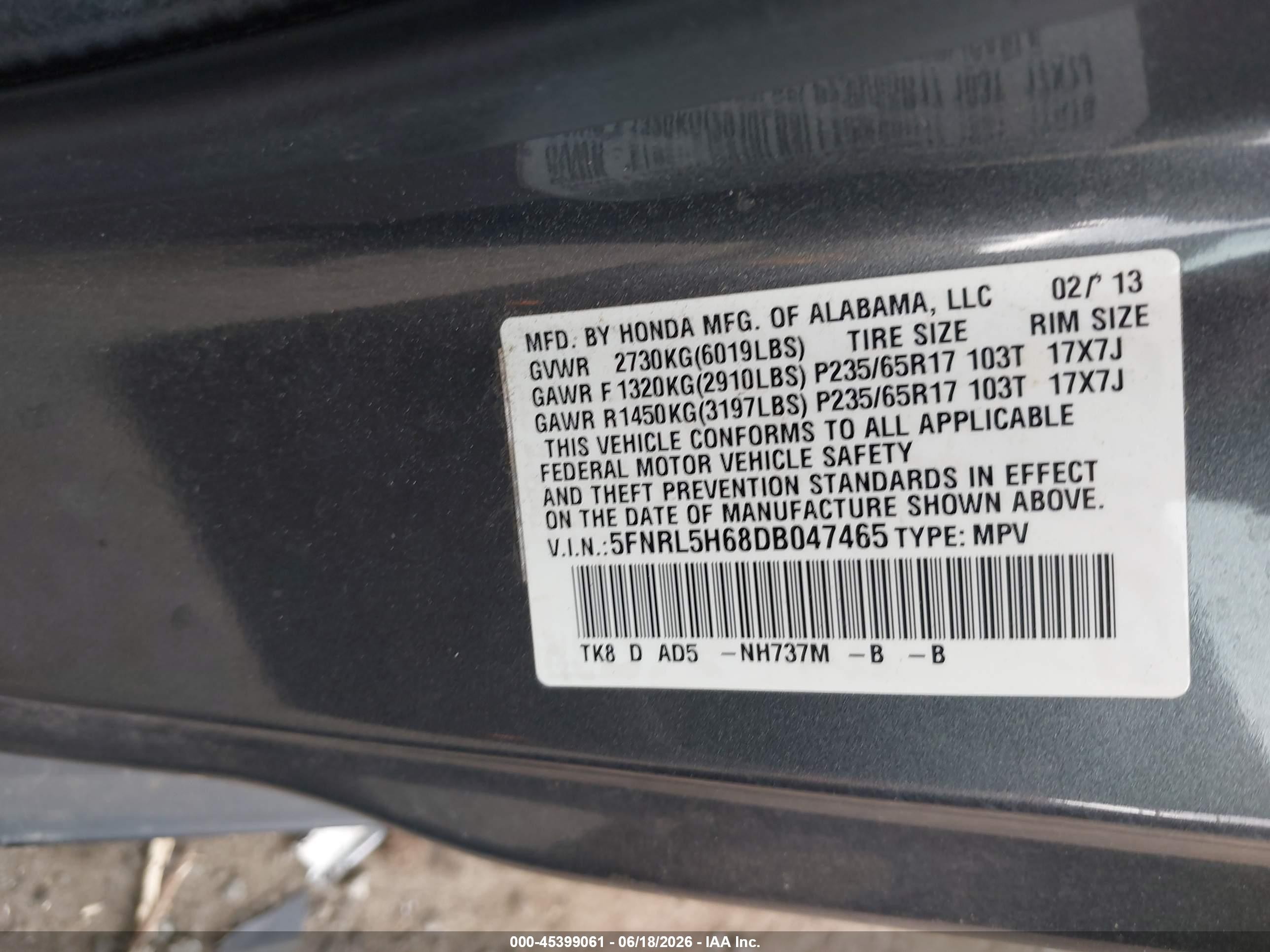 2013 Honda Odyssey Ex-l Gray vin: 5FNRL5H68DB047465