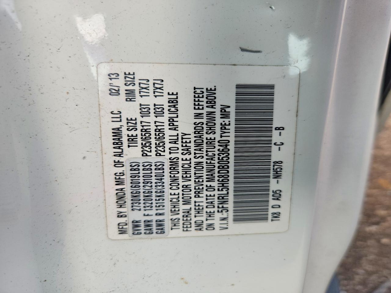2013 Honda Odyssey Exl White vin: 5FNRL5H68DB053640