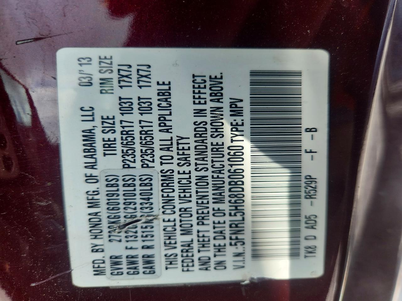 2013 Honda Odyssey Exl Burgundy vin: 5FNRL5H68DB061060