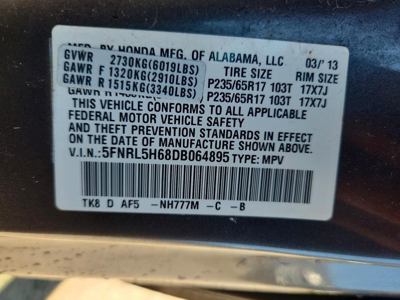 2013 Honda Odyssey Exl Gray vin: 5FNRL5H68DB064895