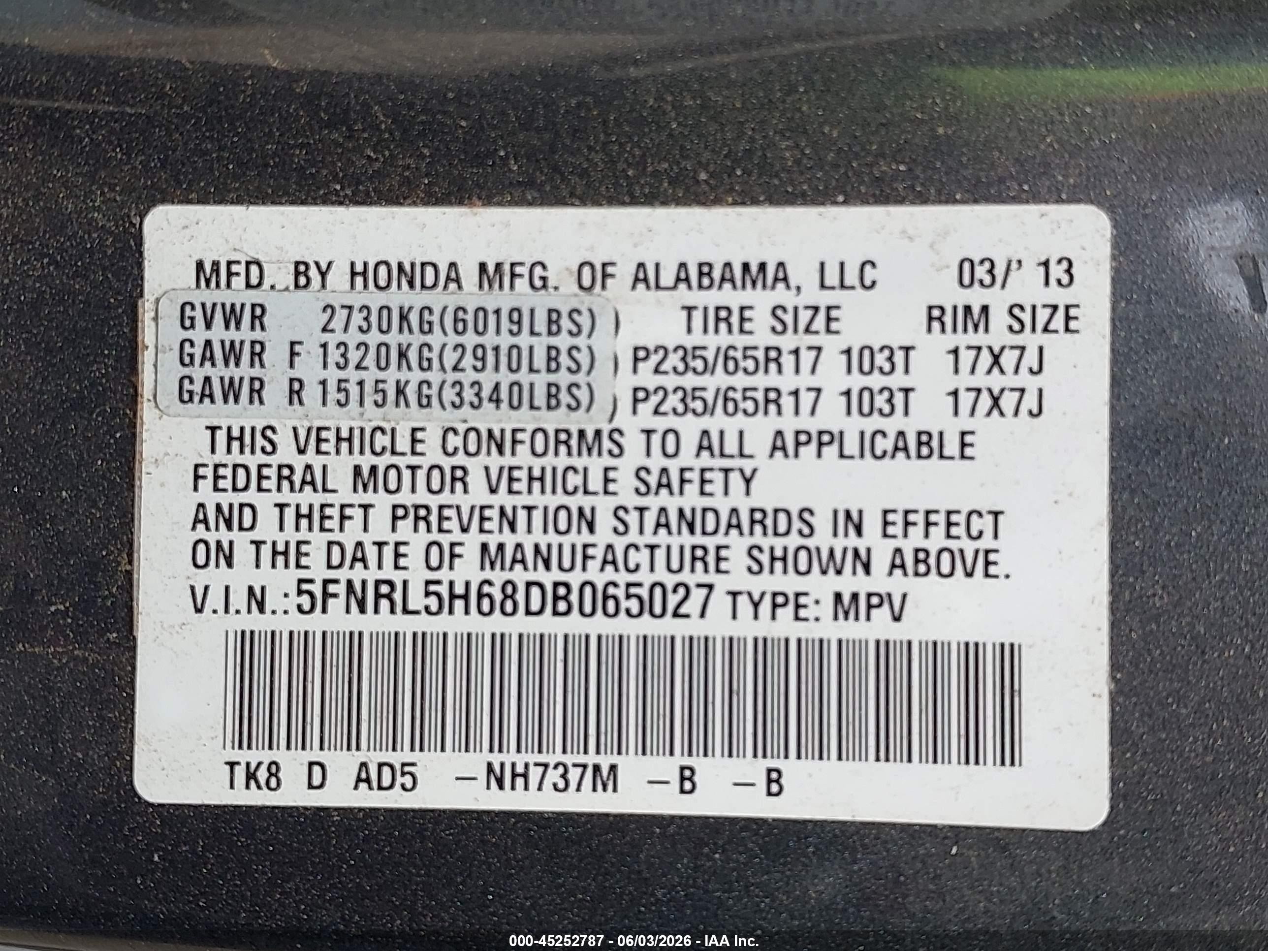 2013 Honda Odyssey Ex-l Gray vin: 5FNRL5H68DB065027