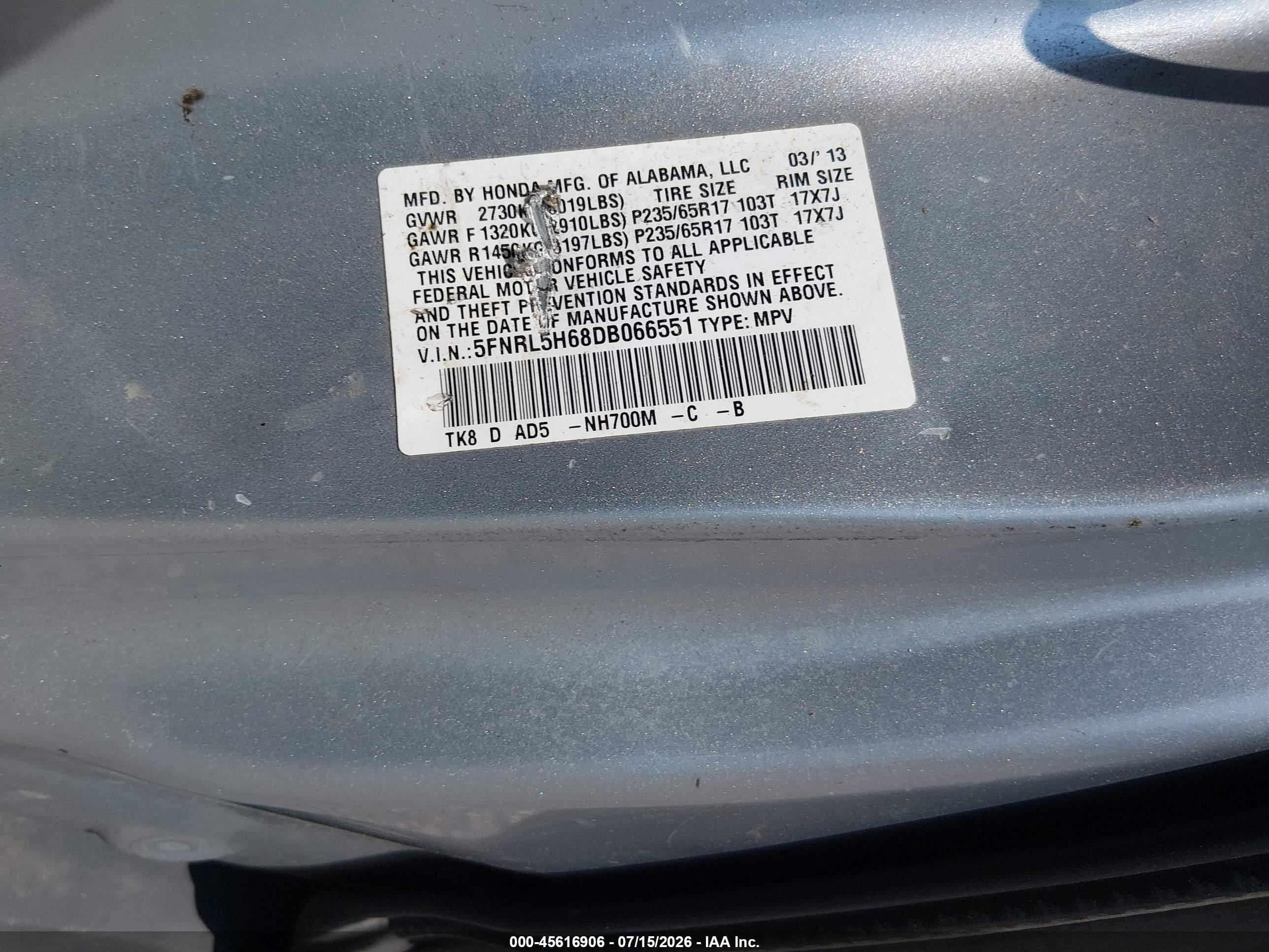 2013 Honda Odyssey Ex-l Silver vin: 5FNRL5H68DB066551