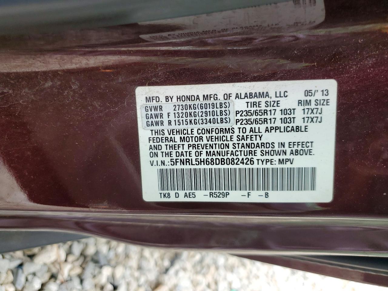 2013 Honda Odyssey Exl Burgundy vin: 5FNRL5H68DB082426