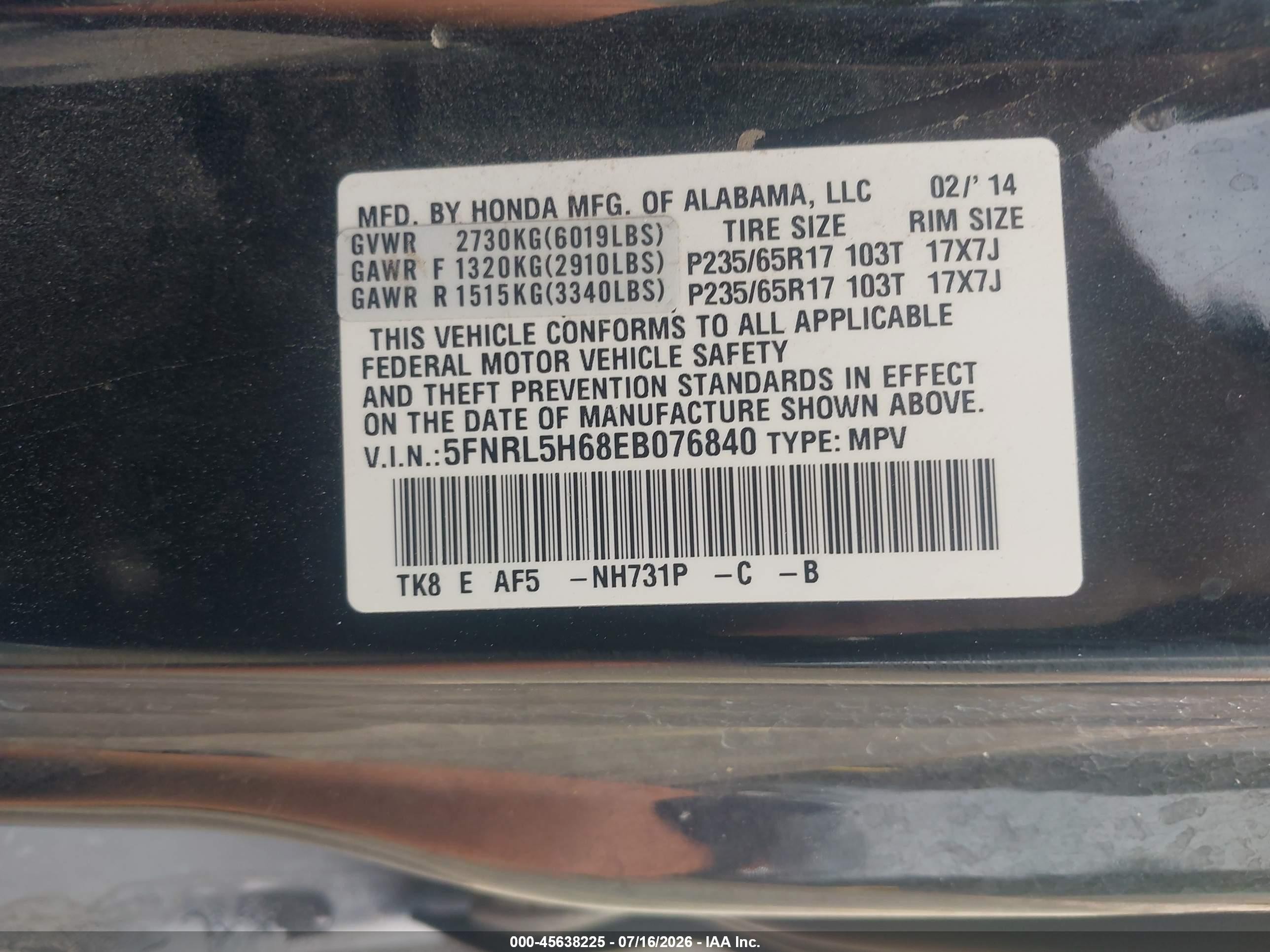 2014 Honda Odyssey Ex-l Black vin: 5FNRL5H68EB076840