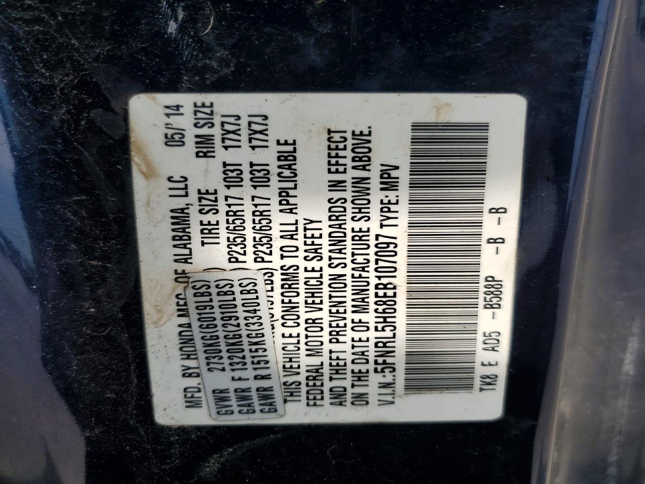 2014 Honda Odyssey Exl Blue vin: 5FNRL5H68EB107097