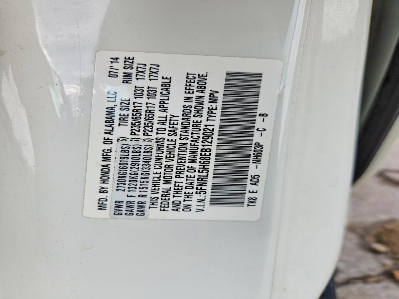 2014 Honda Odyssey Exl White vin: 5FNRL5H68EB129021