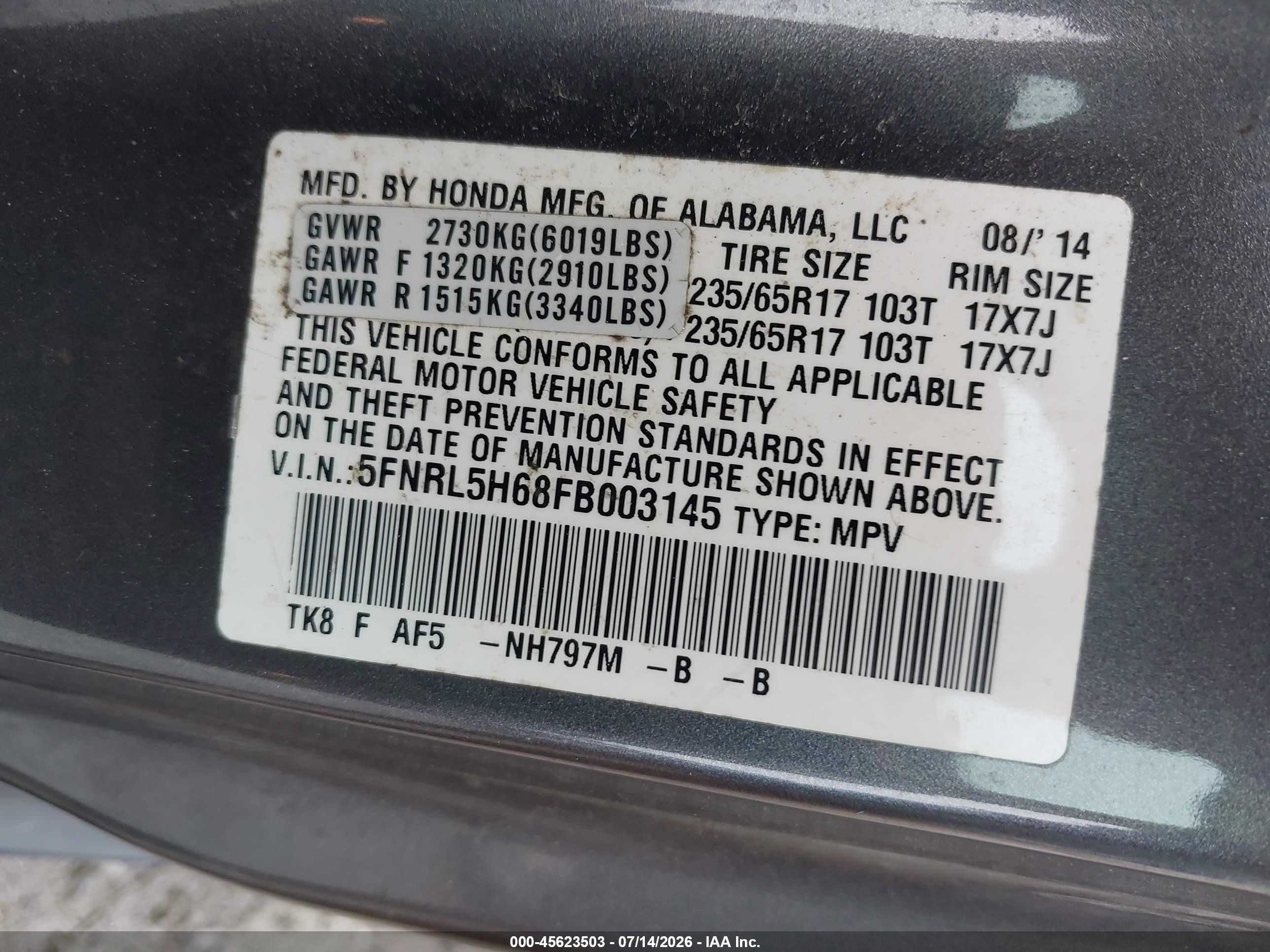 2015 Honda Odyssey Ex-l Gray vin: 5FNRL5H68FB003145