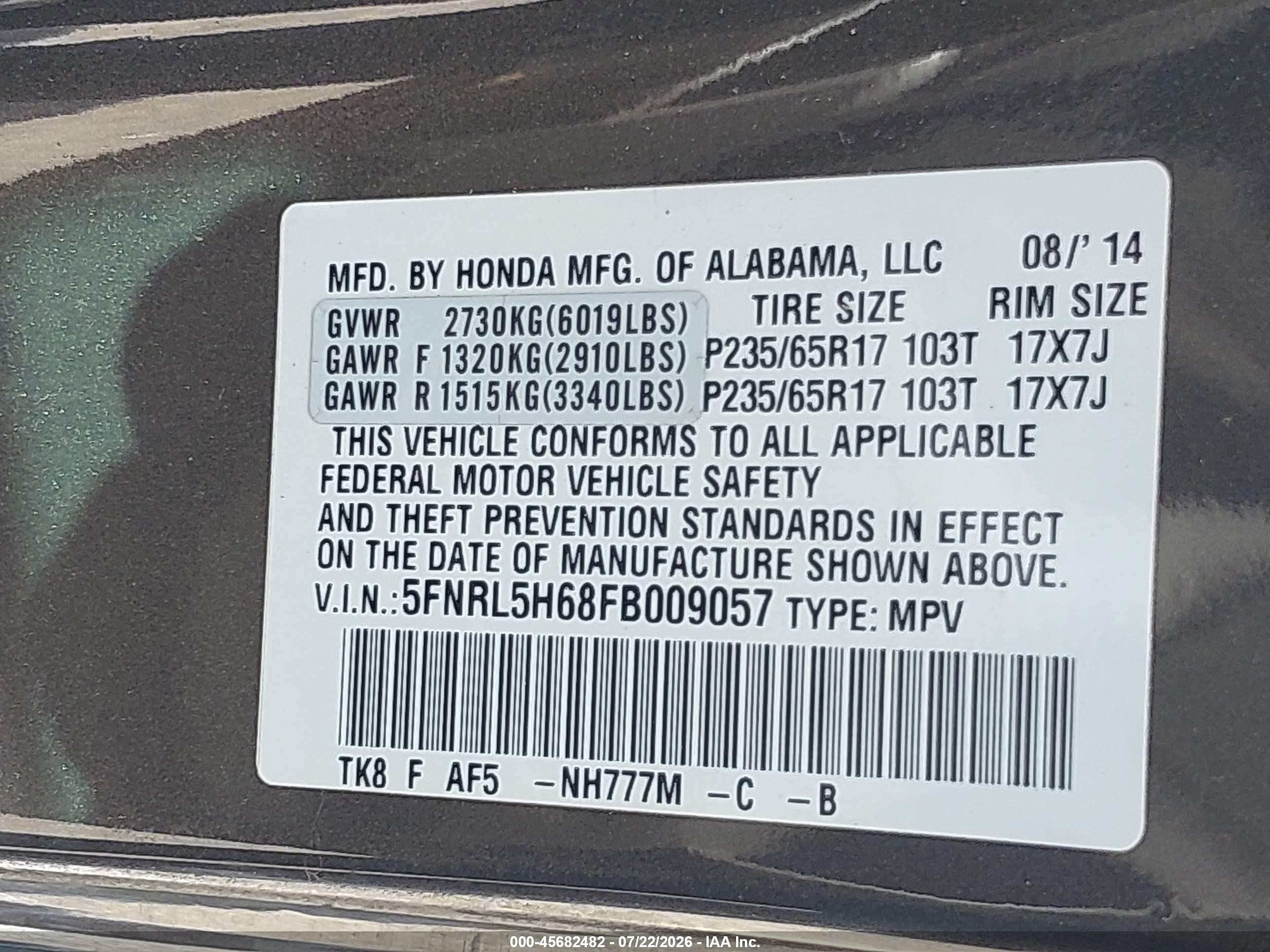 2015 Honda Odyssey Ex-l Gray vin: 5FNRL5H68FB009057