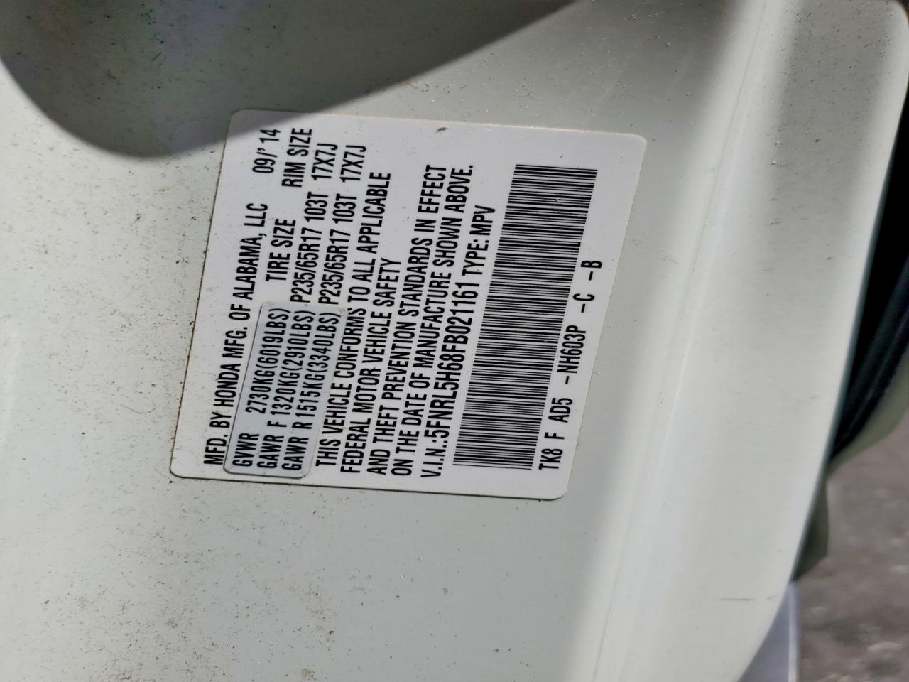 2015 Honda Odyssey Exl White vin: 5FNRL5H68FB021161