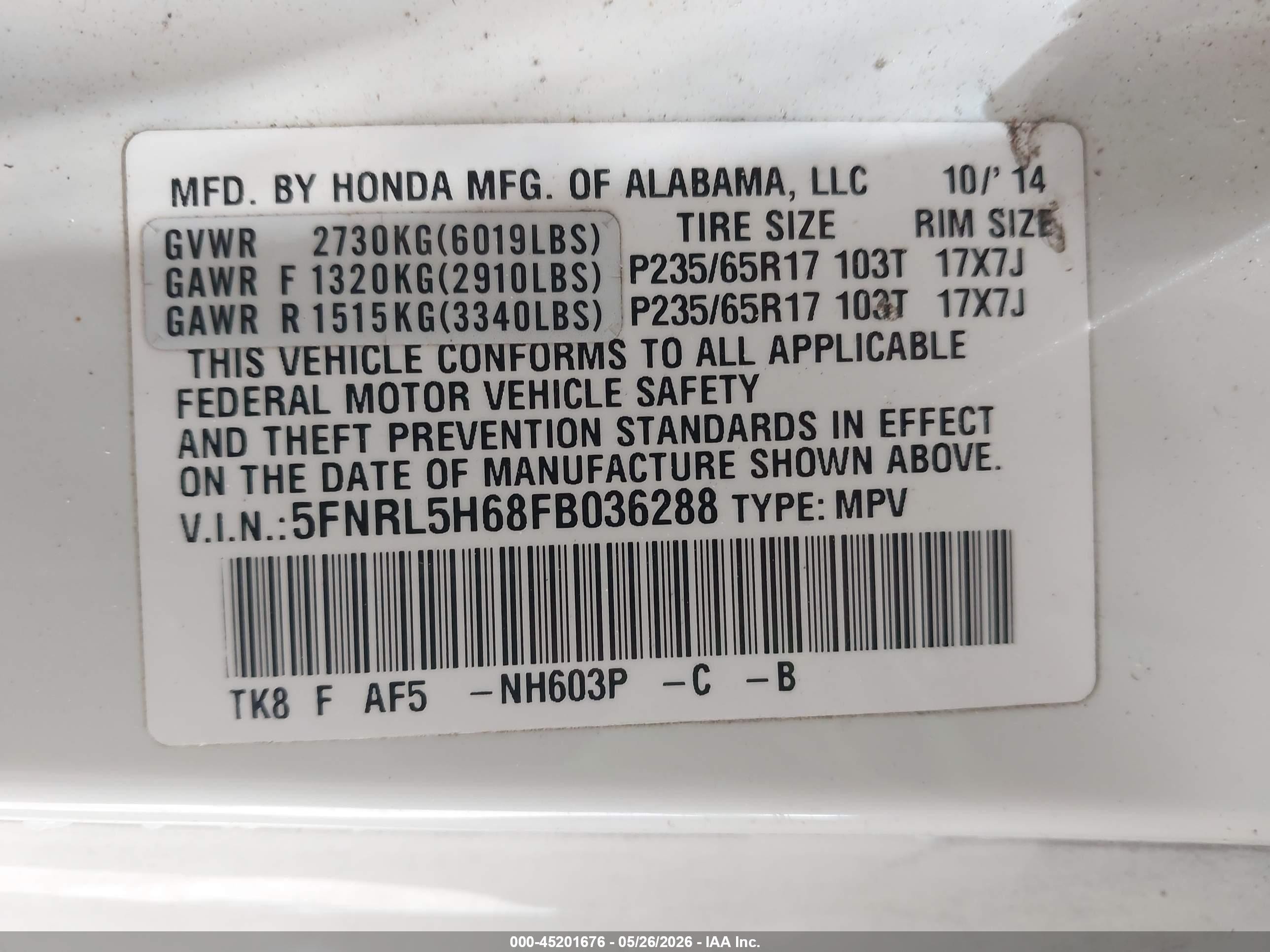 2015 Honda Odyssey Ex-l White vin: 5FNRL5H68FB036288
