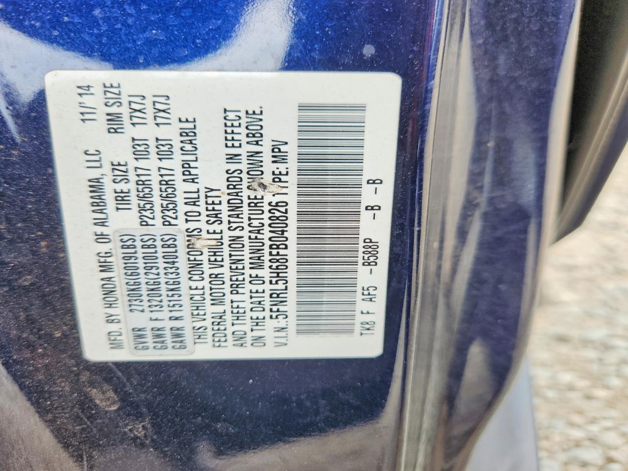 2015 Honda Odyssey Exl Blue vin: 5FNRL5H68FB040826