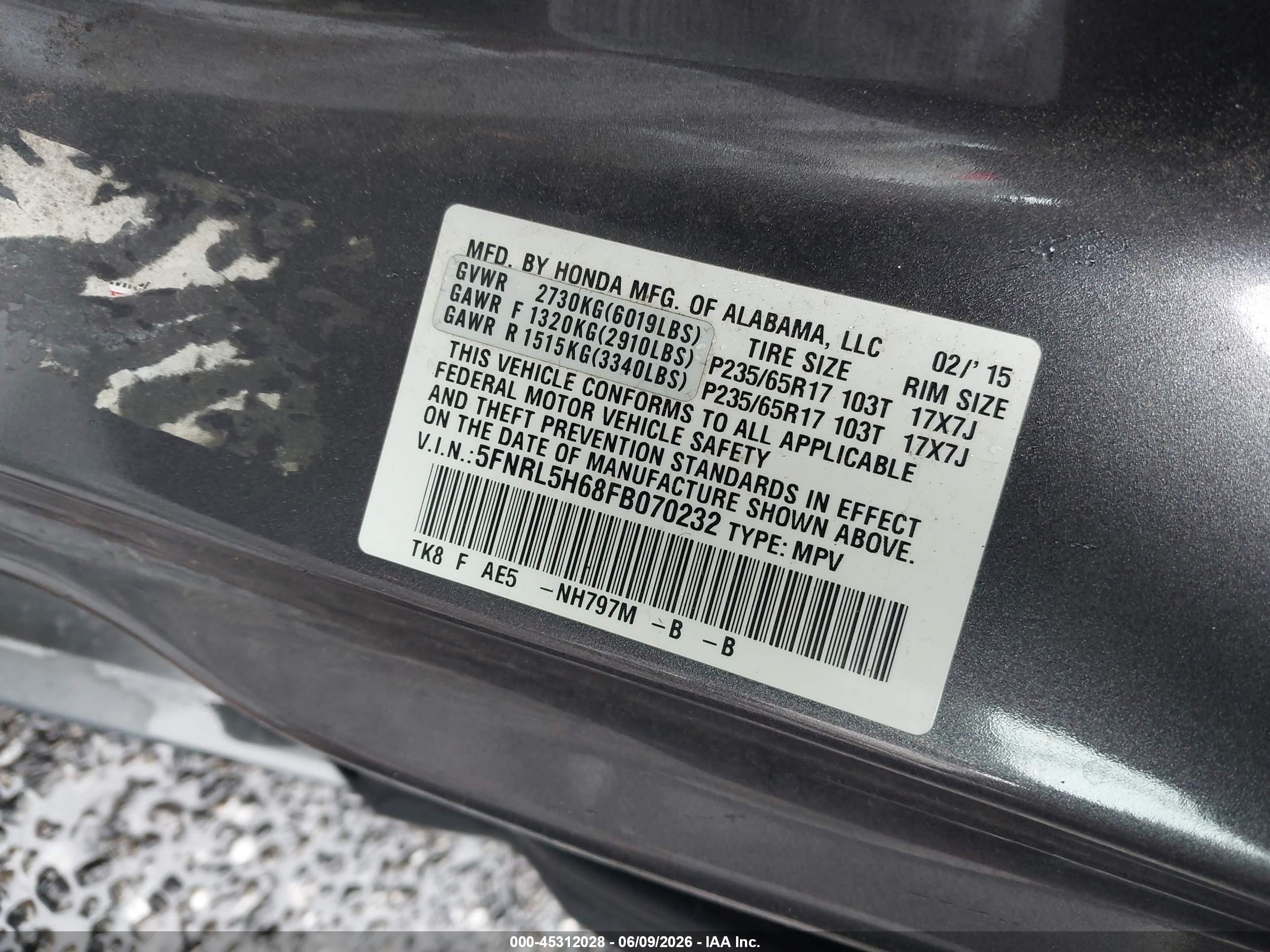 2015 Honda Odyssey Ex-l Blue vin: 5FNRL5H68FB070232