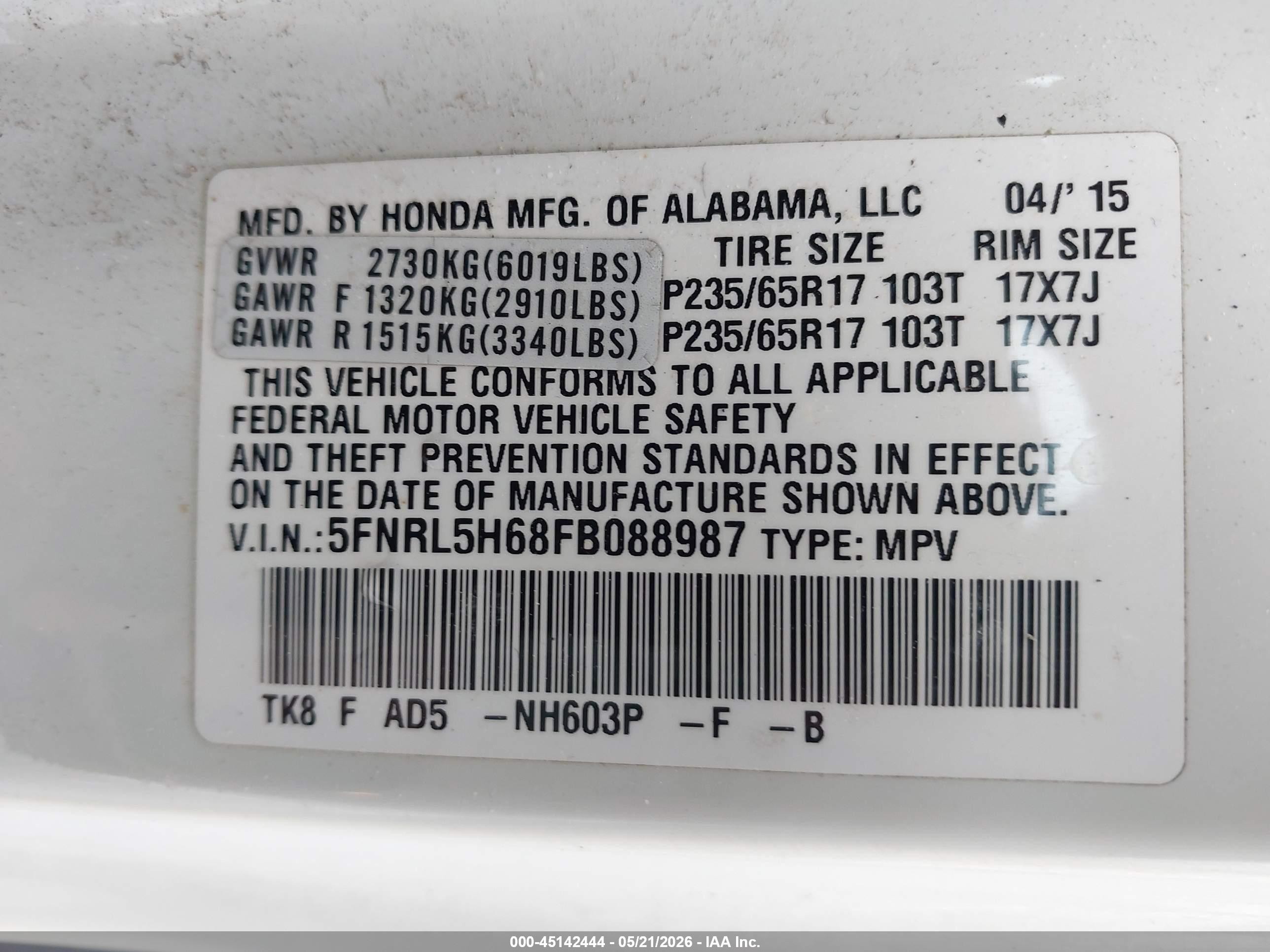 2015 Honda Odyssey Ex-l White vin: 5FNRL5H68FB088987