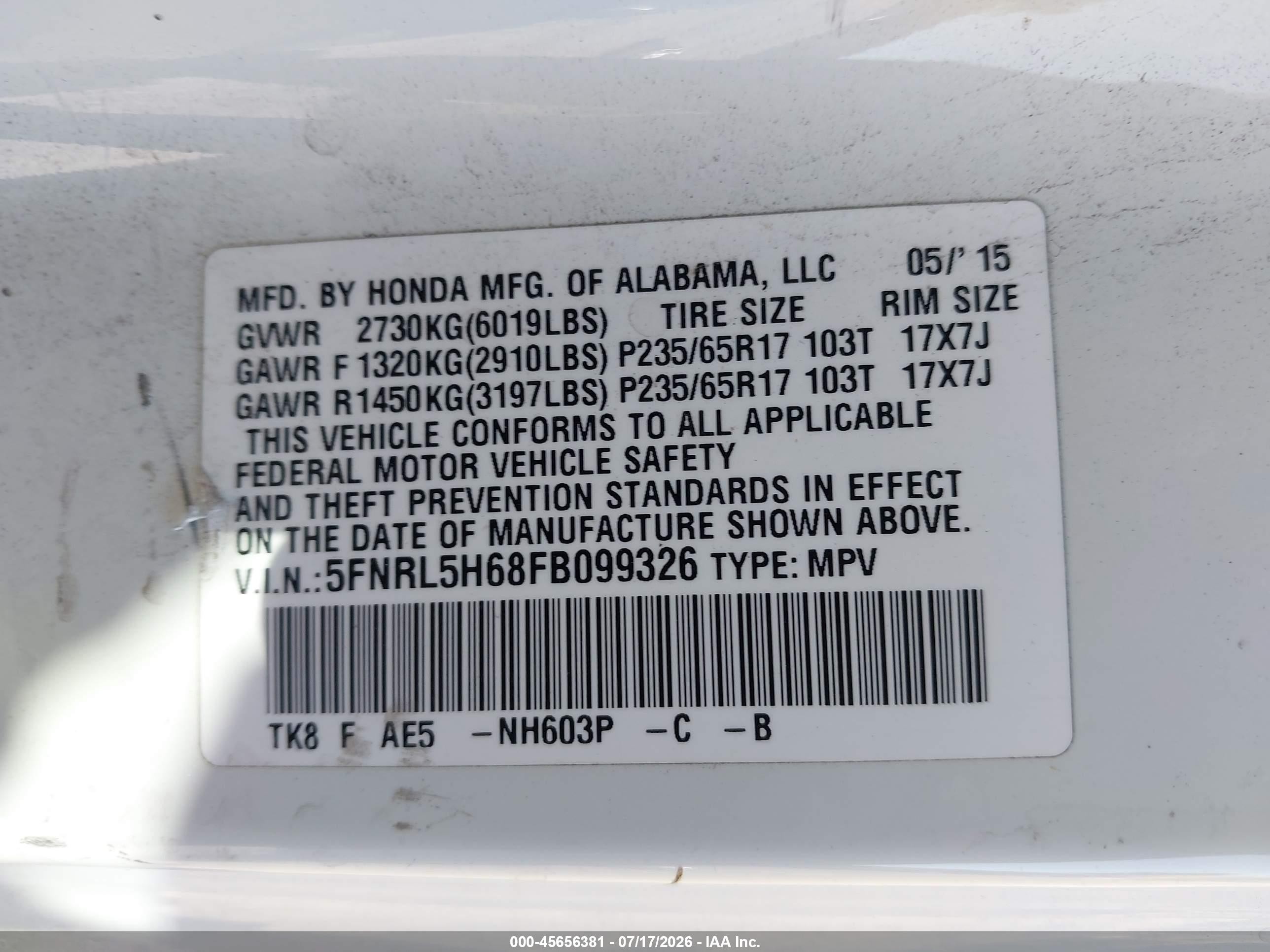 2015 Honda Odyssey Ex-l White vin: 5FNRL5H68FB099326