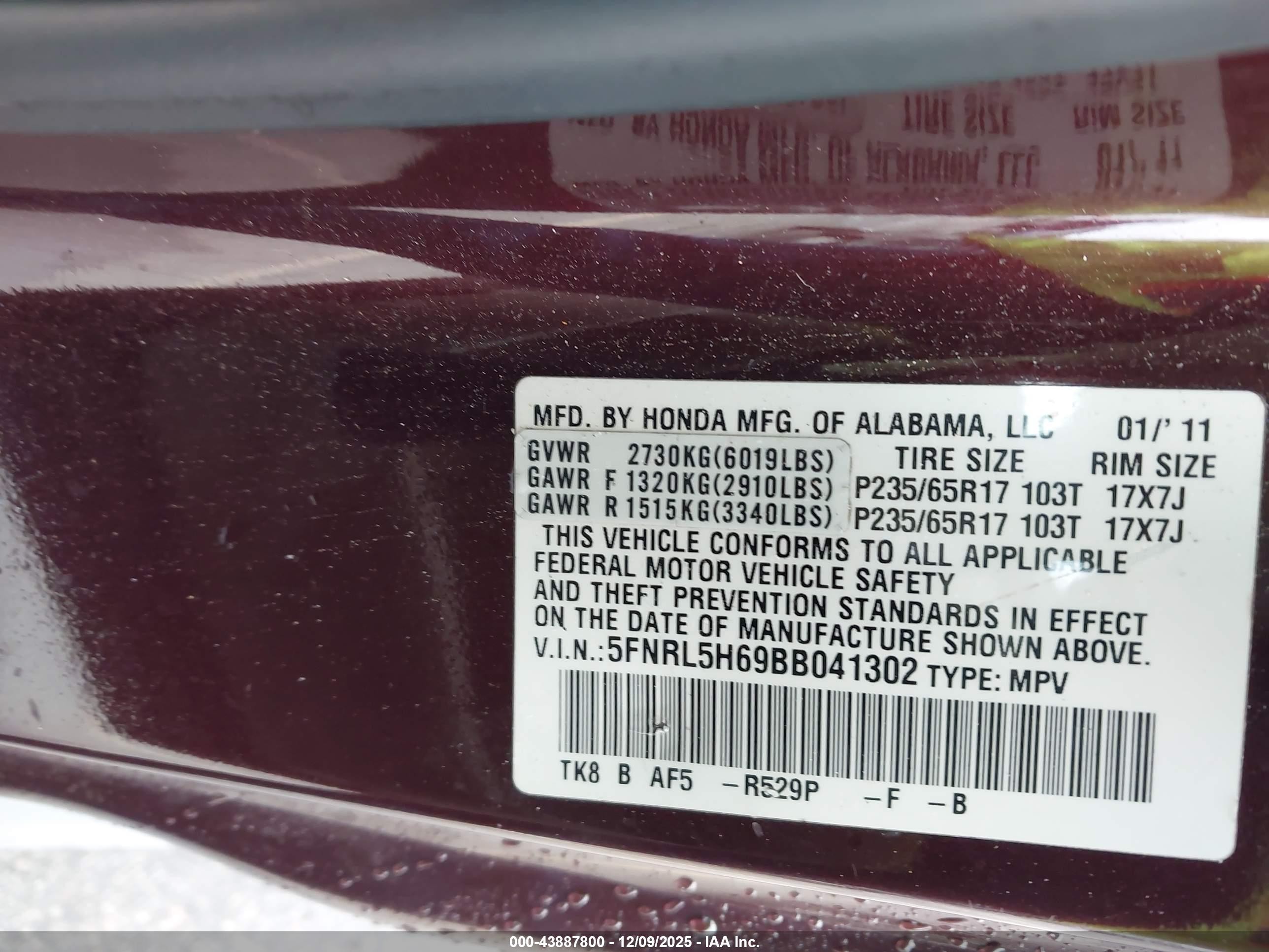 2011 Honda Odyssey Ex-l Maroon vin: 5FNRL5H69BB041302
