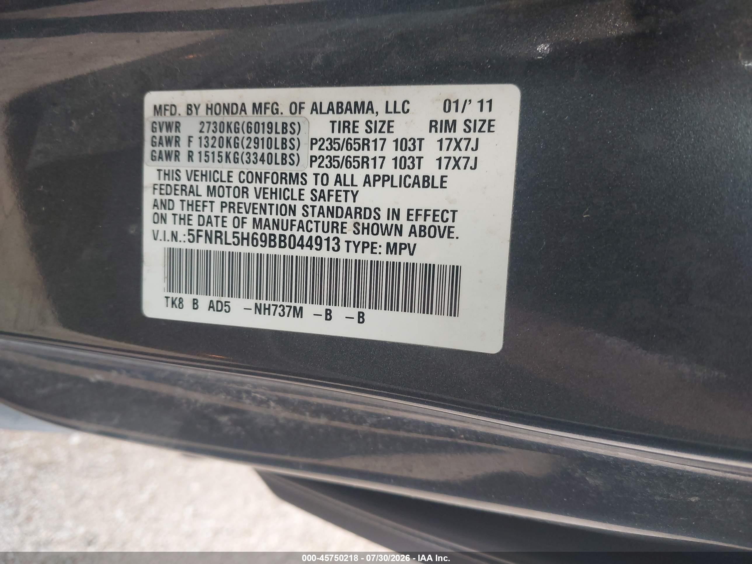 2011 Honda Odyssey Ex-l Gray vin: 5FNRL5H69BB044913