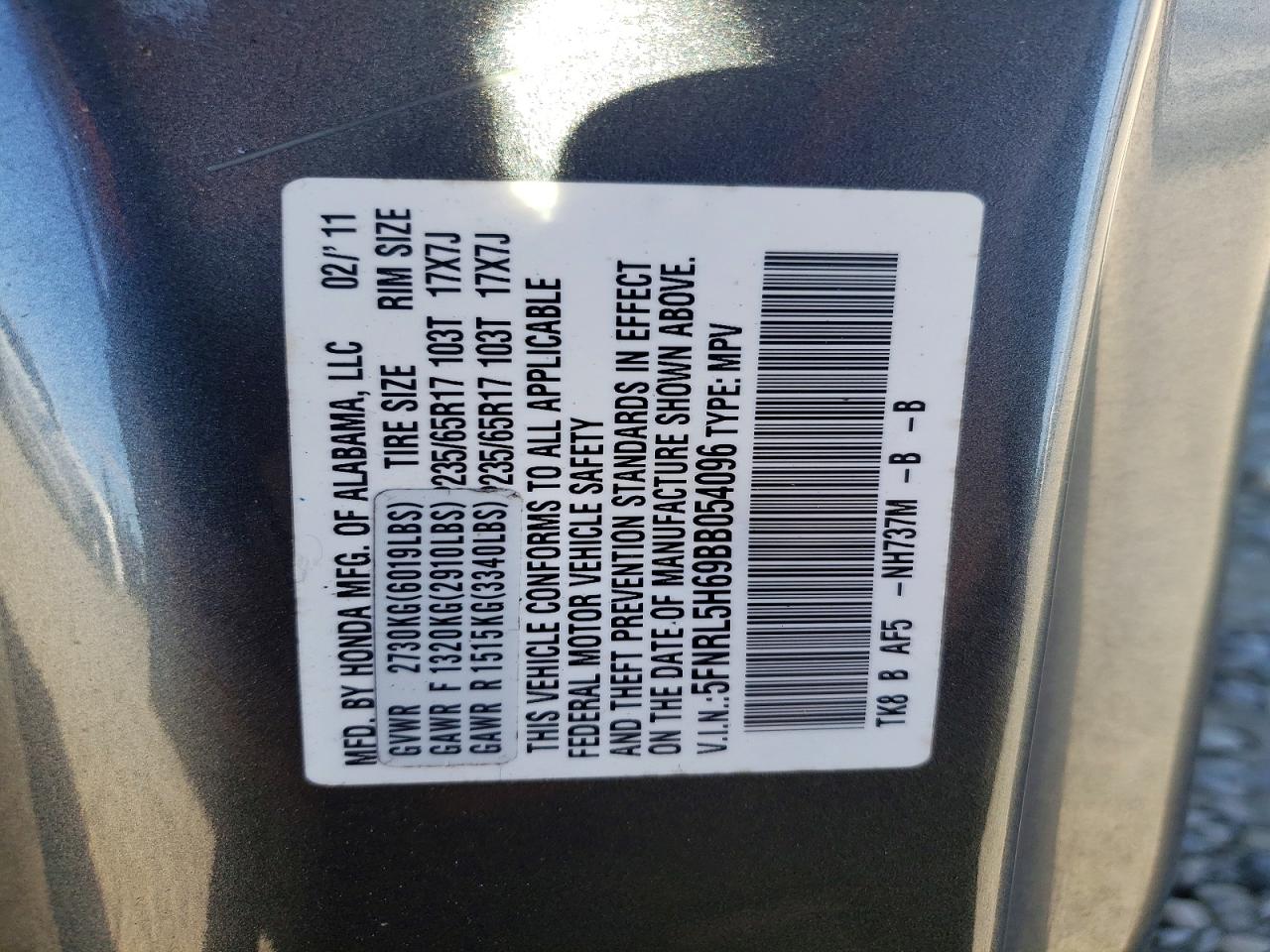2011 Honda Odyssey Exl Gray vin: 5FNRL5H69BB054096