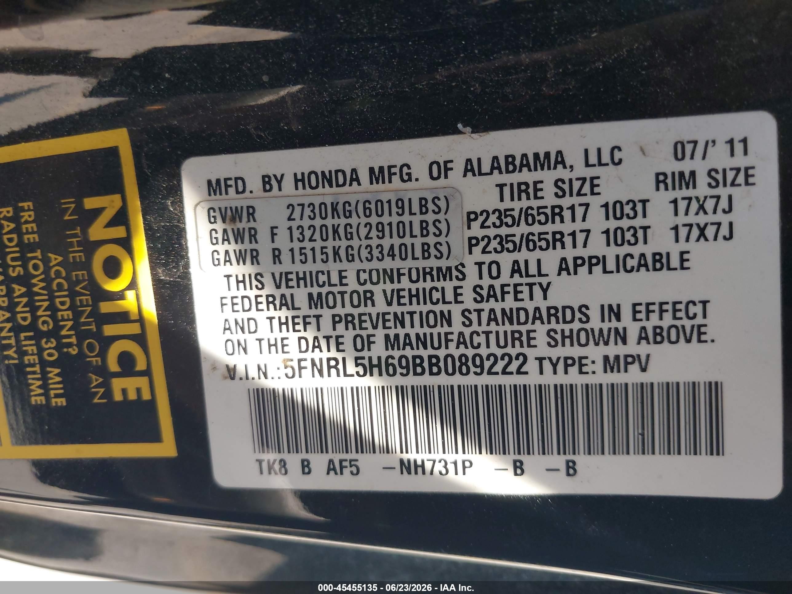 2011 Honda Odyssey Ex-l Black vin: 5FNRL5H69BB089222