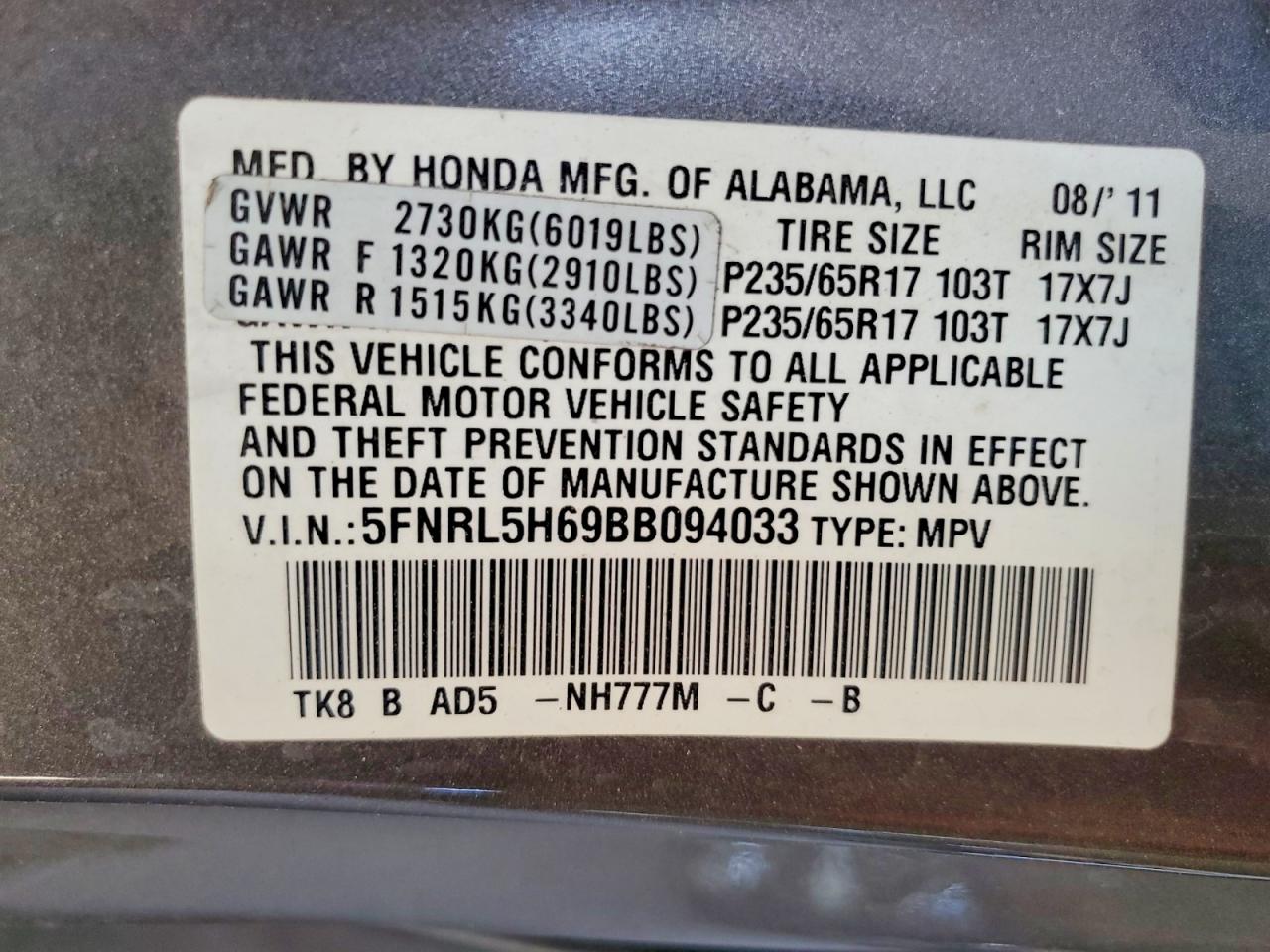 2011 Honda Odyssey Exl Gray vin: 5FNRL5H69BB094033