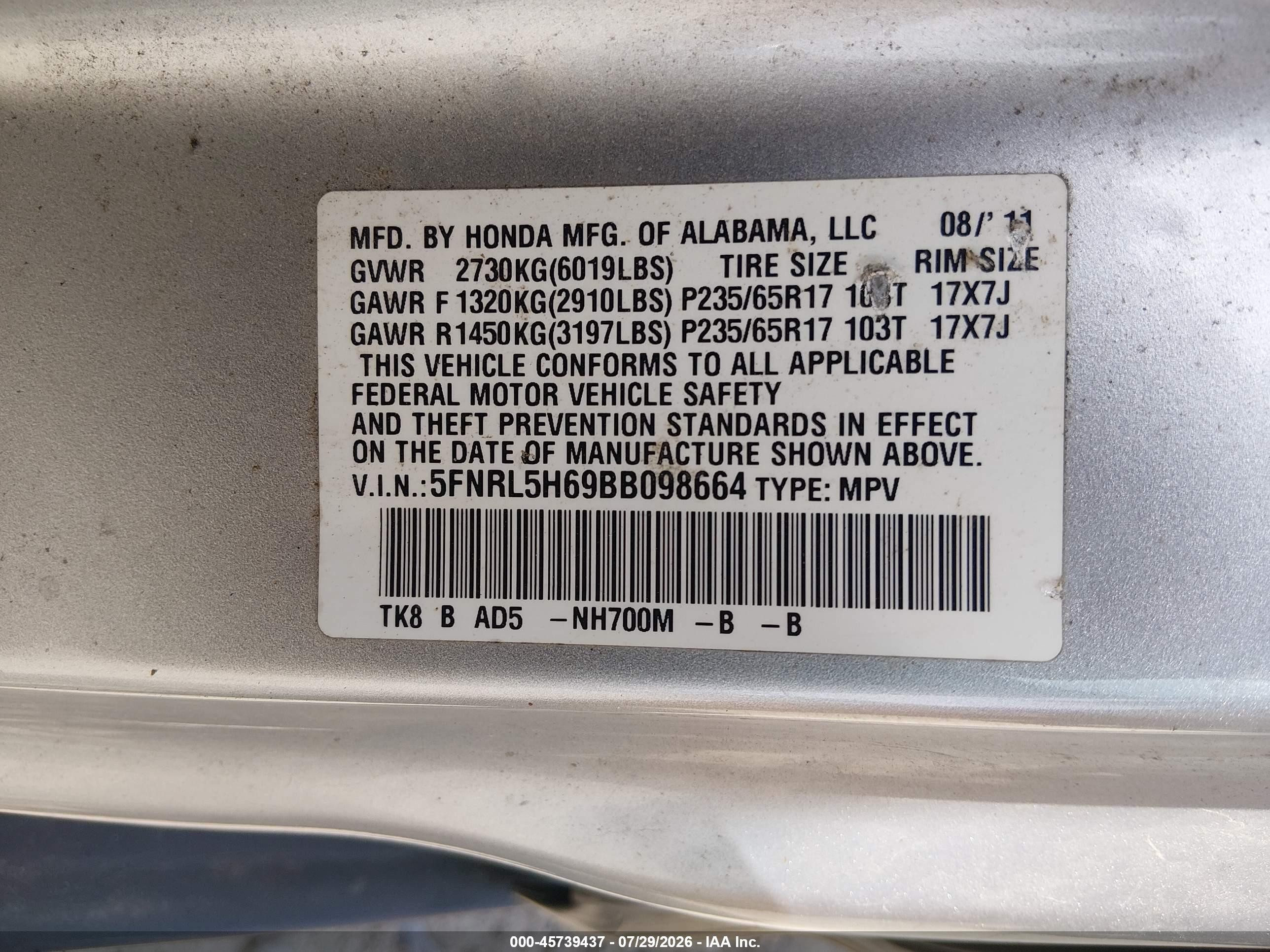 2011 Honda Odyssey Ex-l Silver vin: 5FNRL5H69BB098664