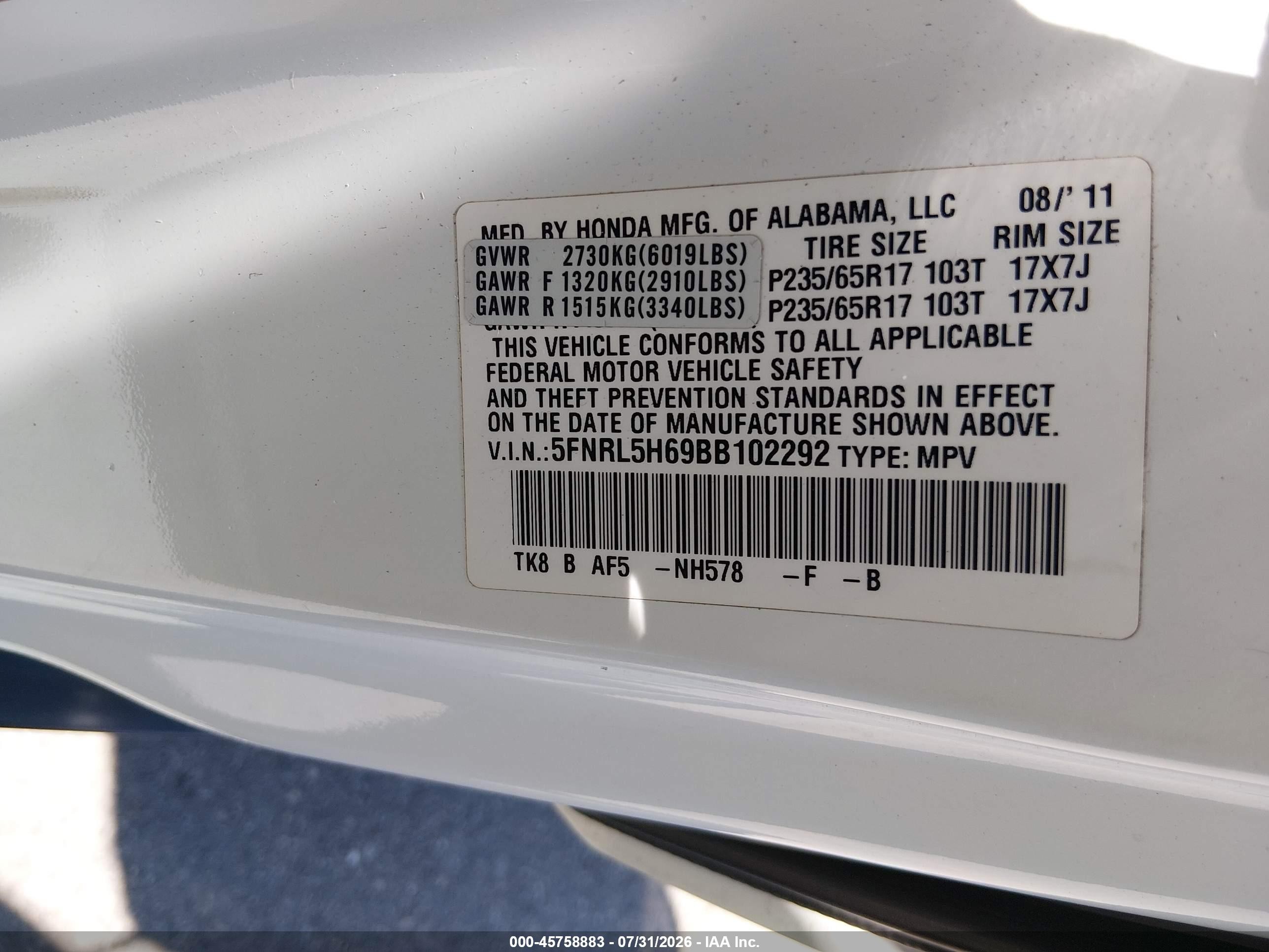 2011 Honda Odyssey Ex-l White vin: 5FNRL5H69BB102292