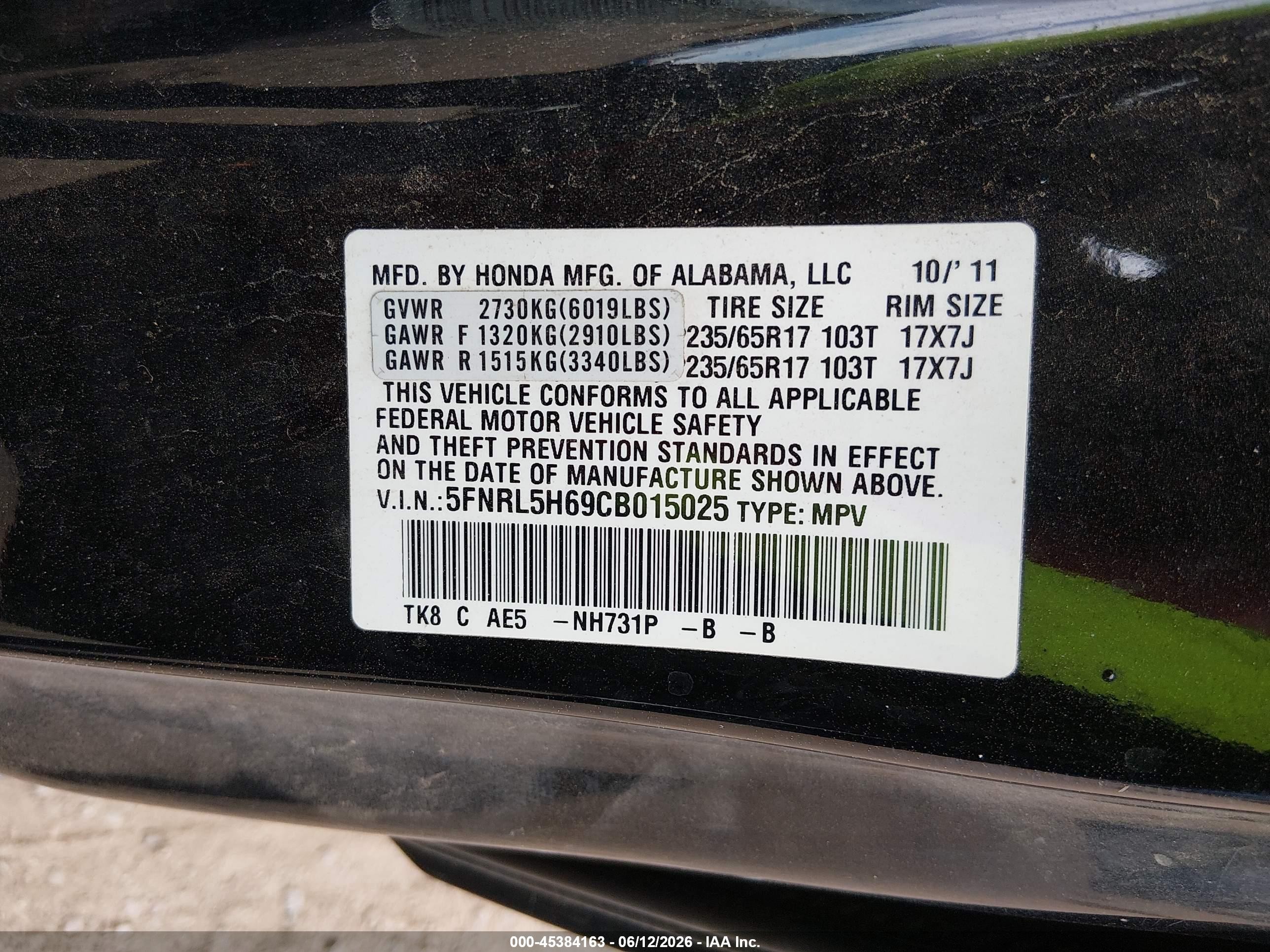 2012 Honda Odyssey Ex-l Black vin: 5FNRL5H69CB015025
