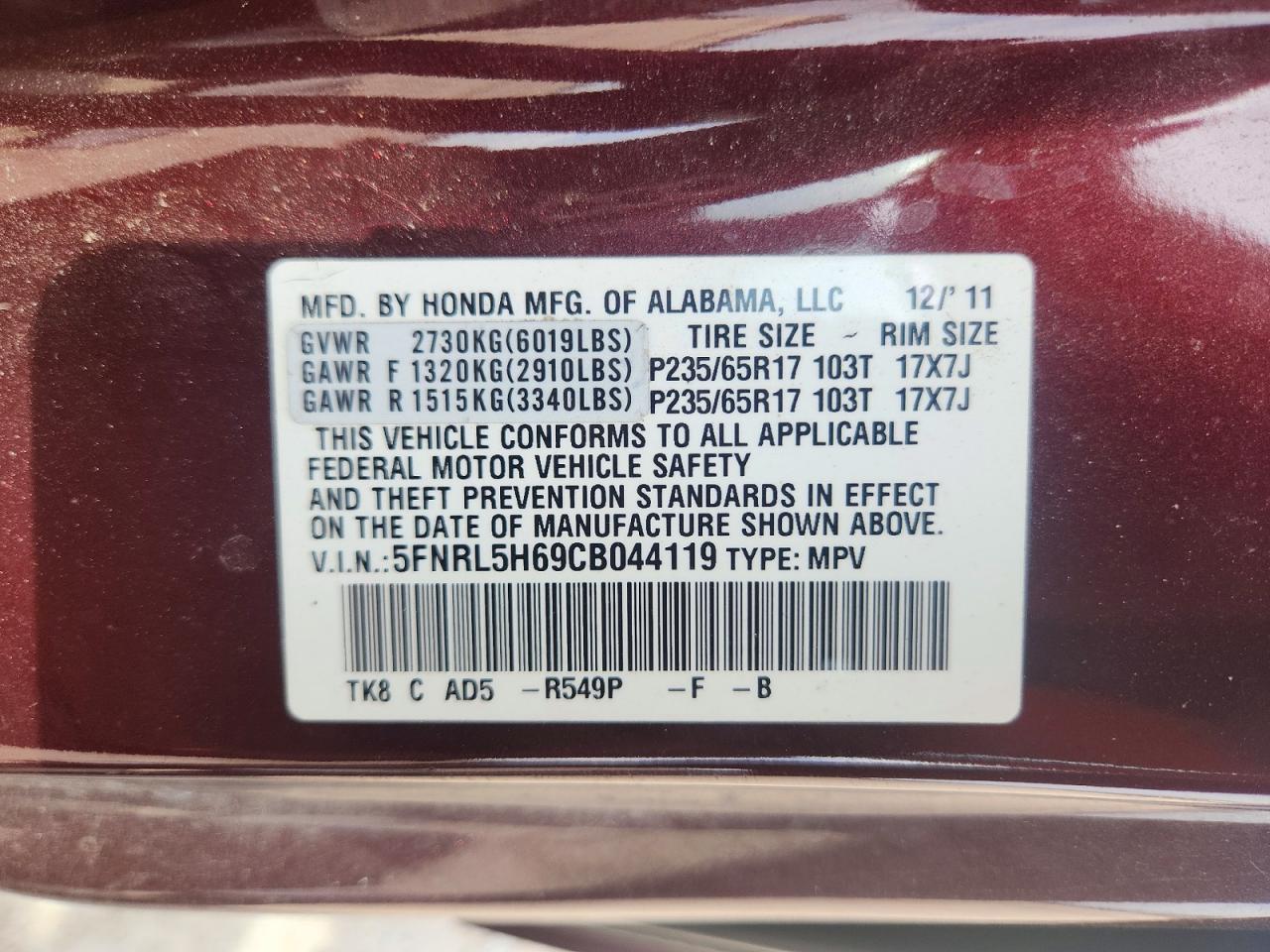 2012 Honda Odyssey Exl Burgundy vin: 5FNRL5H69CB044119