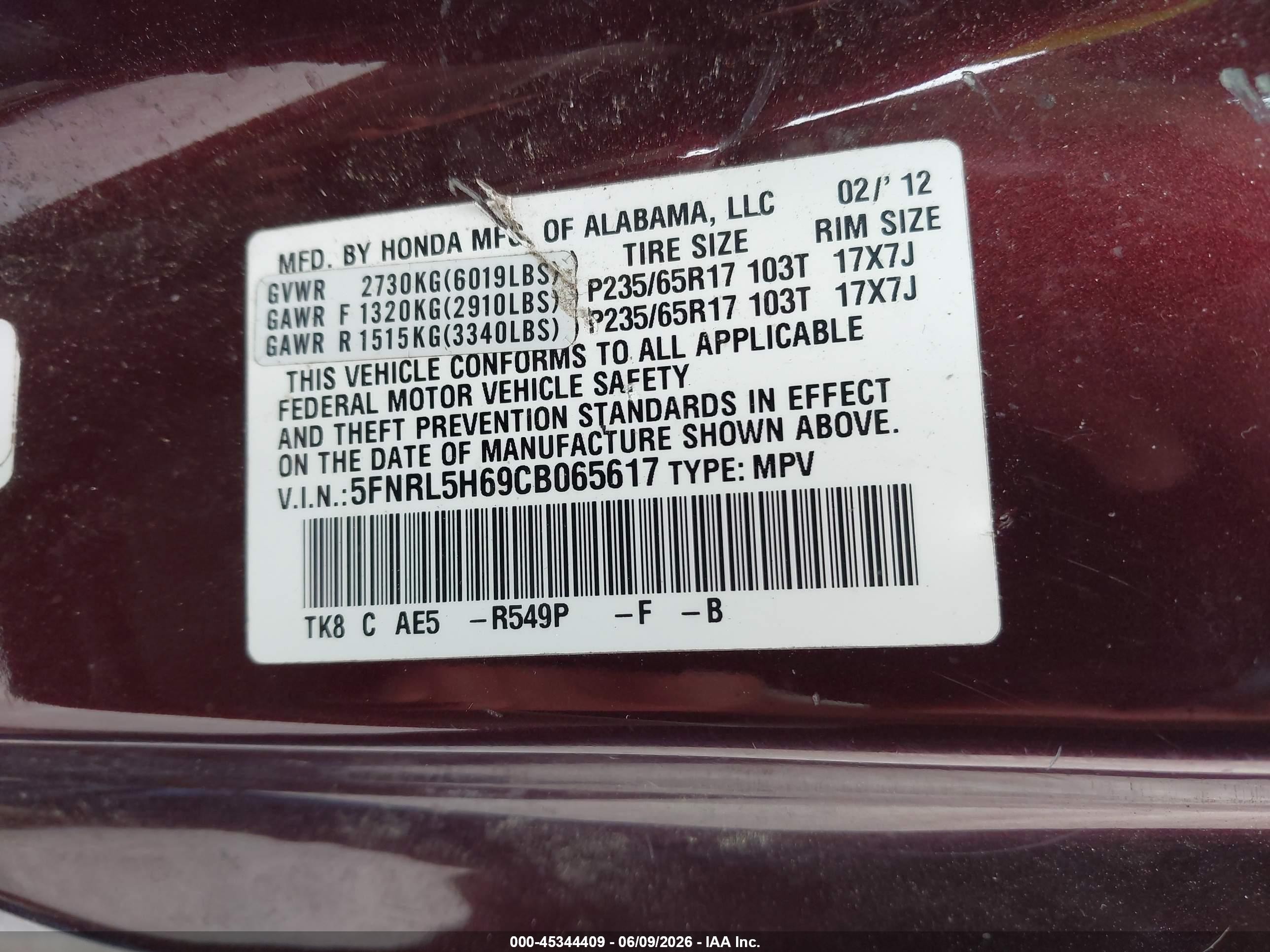 2012 Honda Odyssey Ex-l Burgundy vin: 5FNRL5H69CB065617