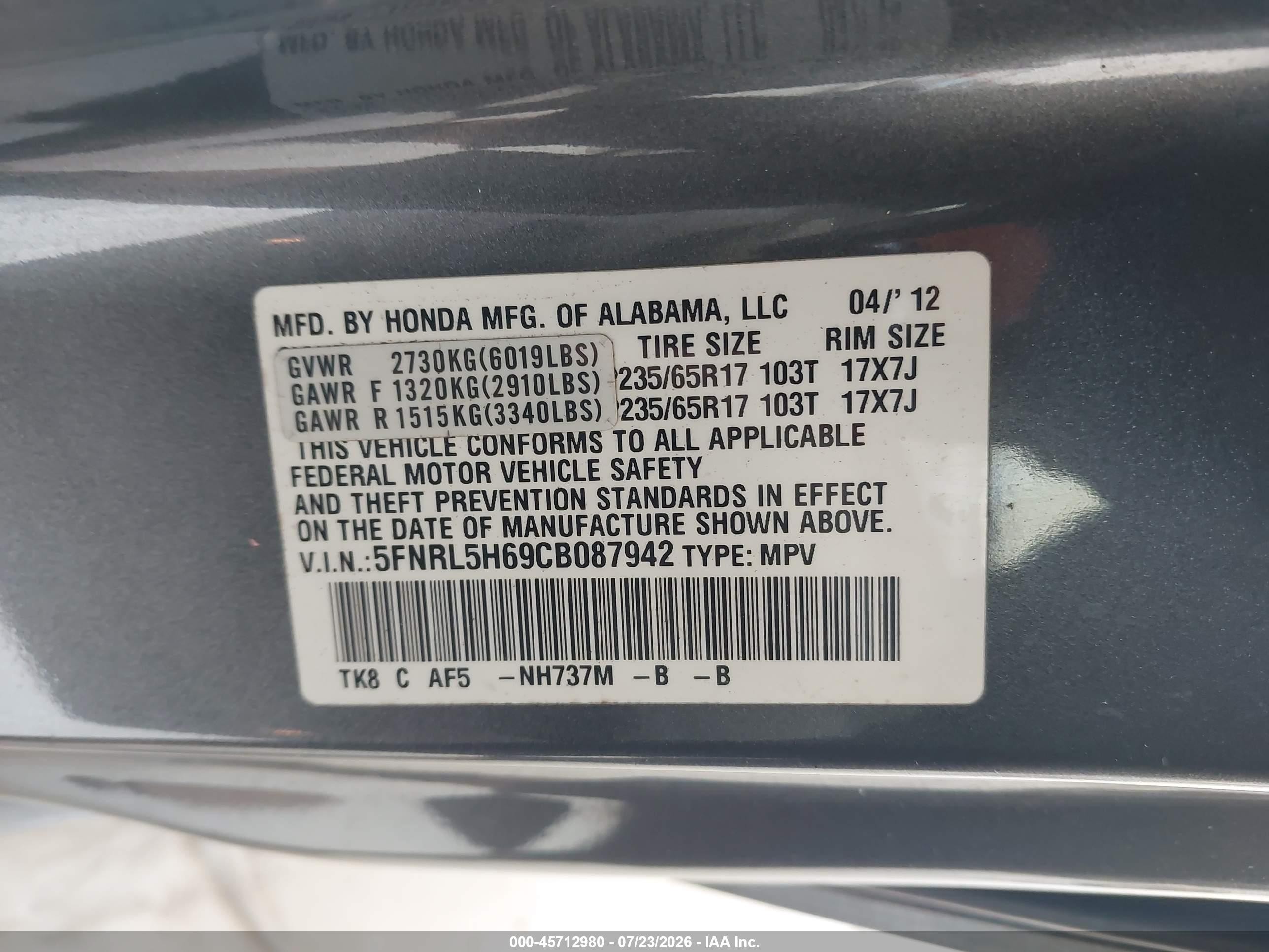 2012 Honda Odyssey Ex-l Gray vin: 5FNRL5H69CB087942