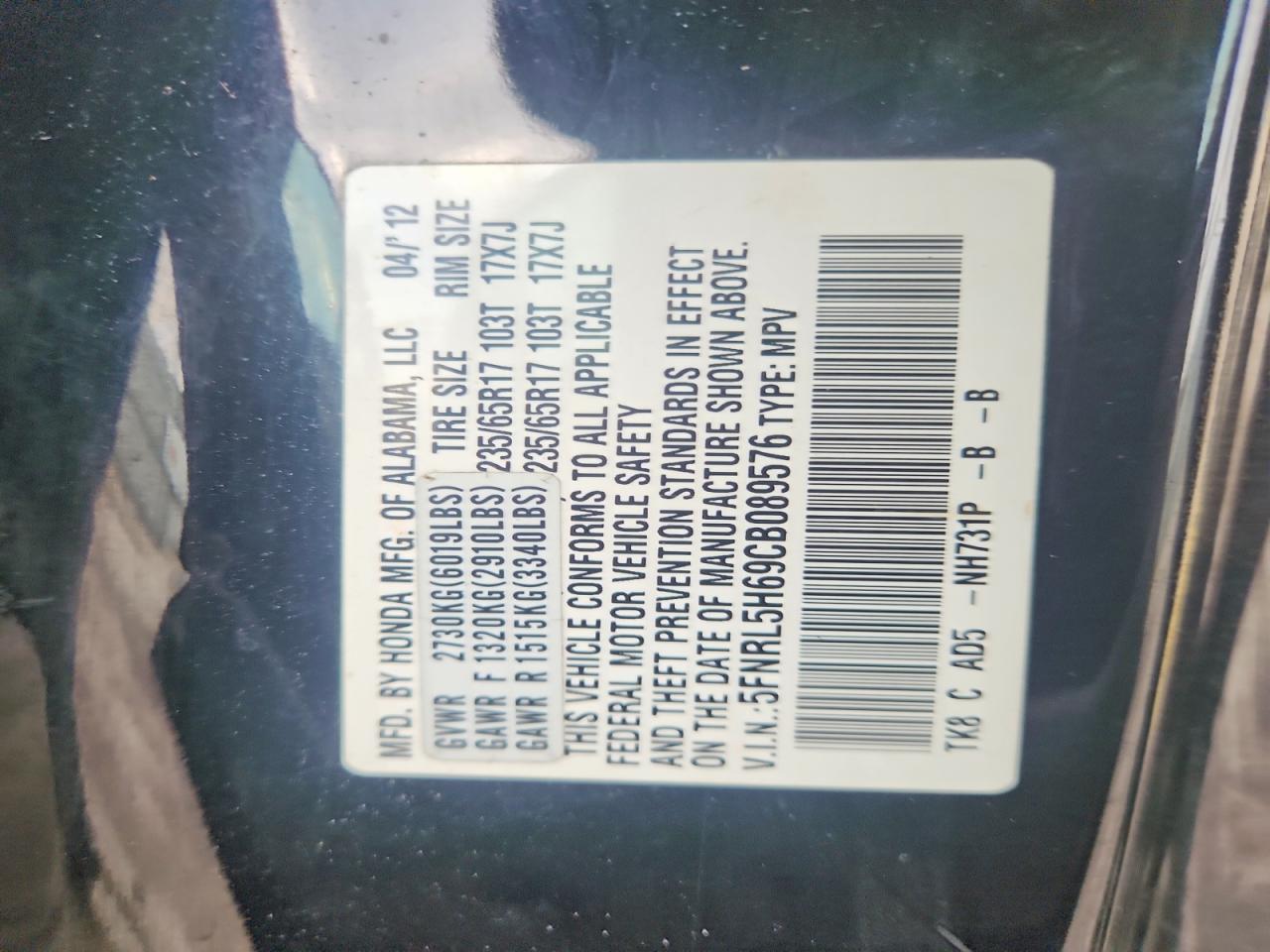 2012 Honda Odyssey Exl Black vin: 5FNRL5H69CB089576