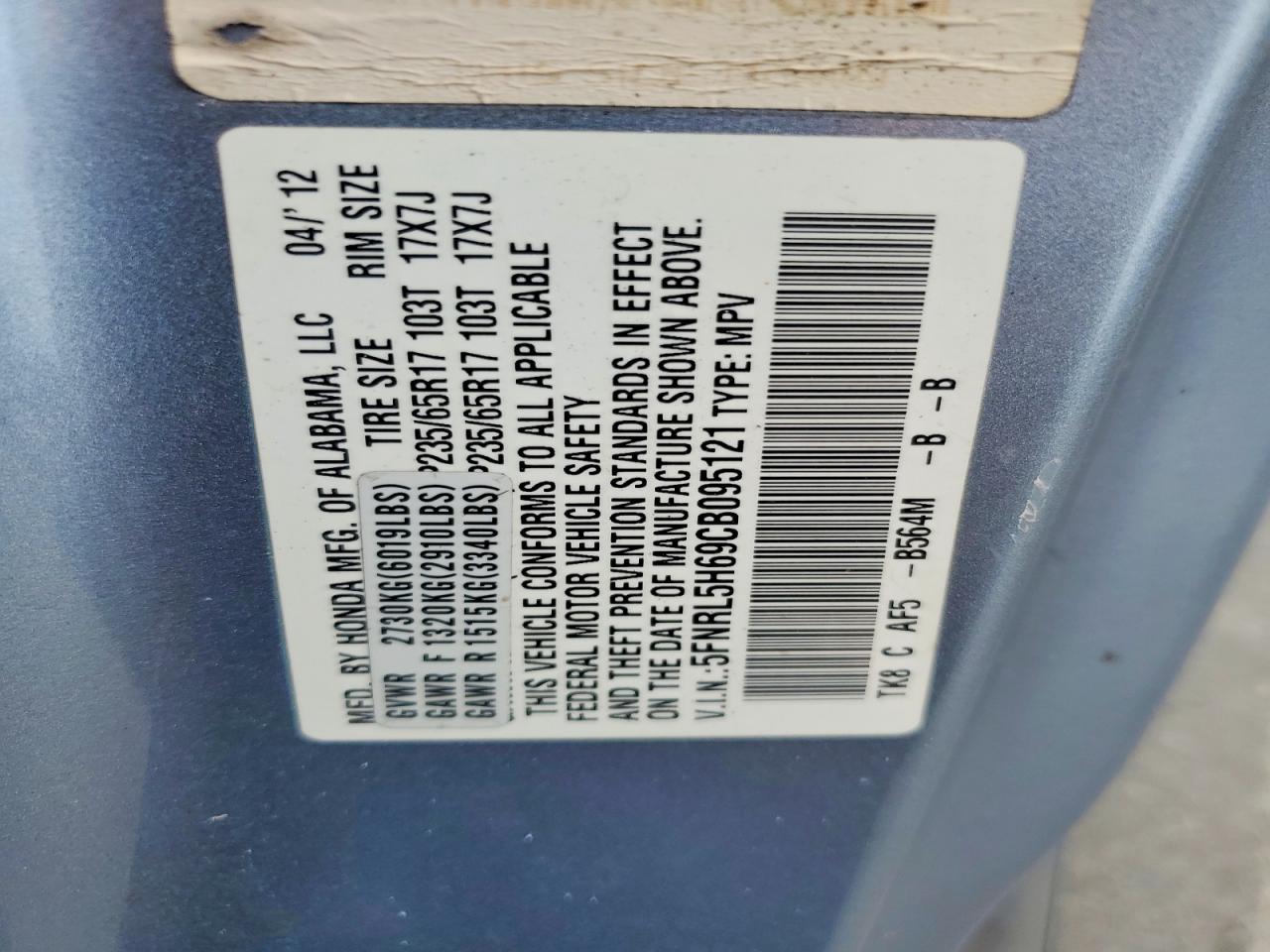 2012 Honda Odyssey Exl Blue vin: 5FNRL5H69CB095121