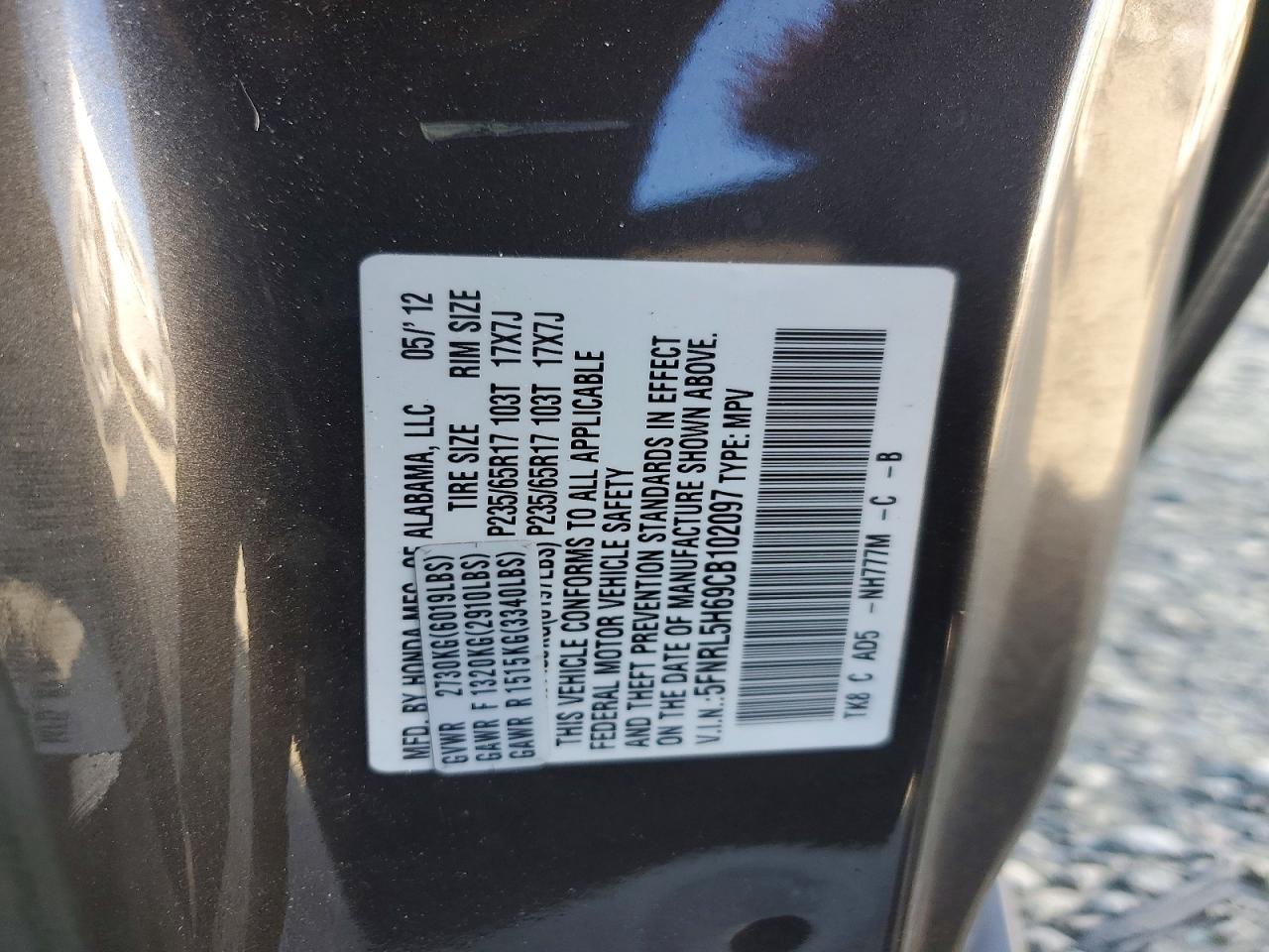 2012 Honda Odyssey Exl Charcoal vin: 5FNRL5H69CB102097