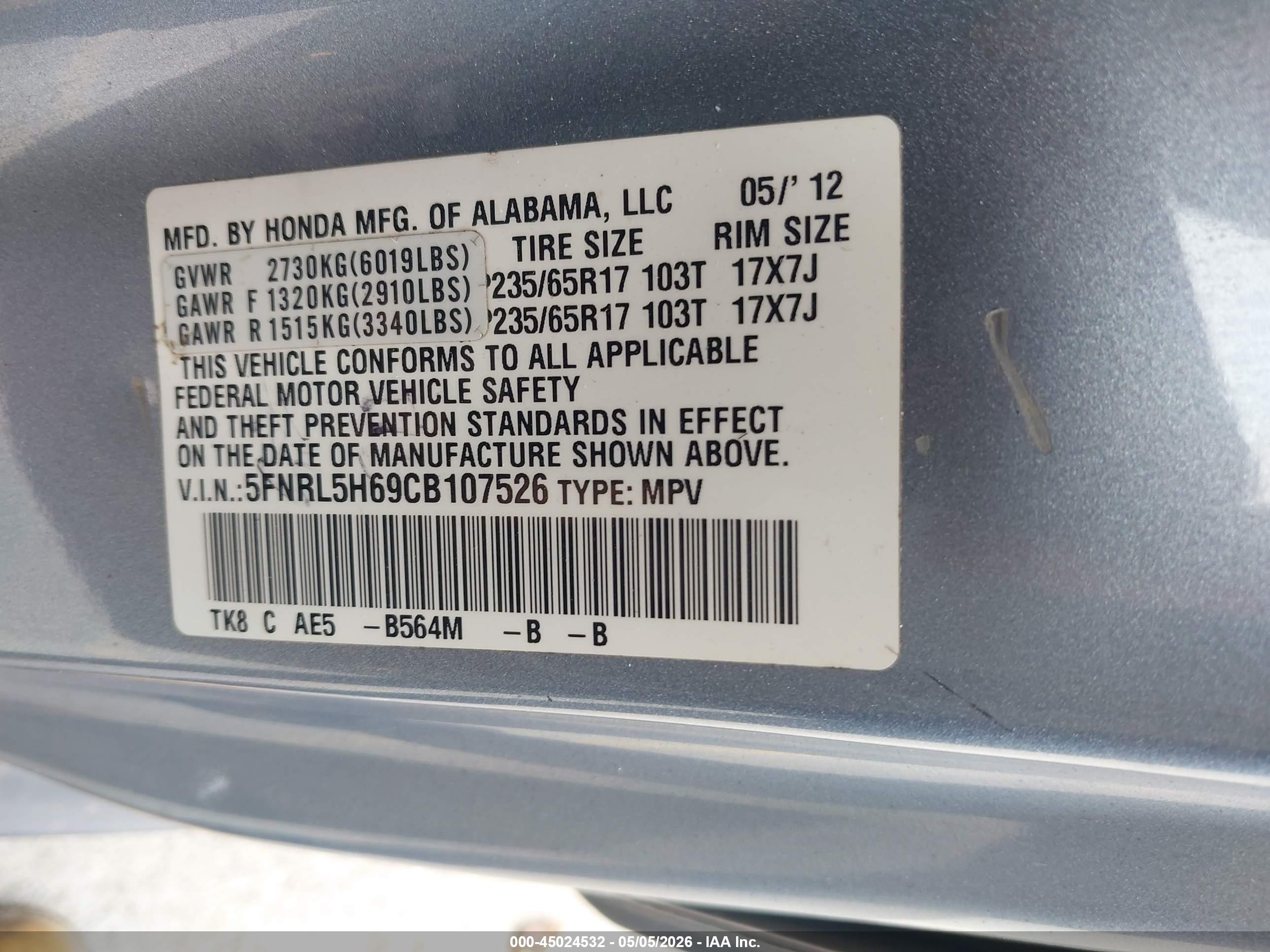 2012 Honda Odyssey Ex-l Blue vin: 5FNRL5H69CB107526