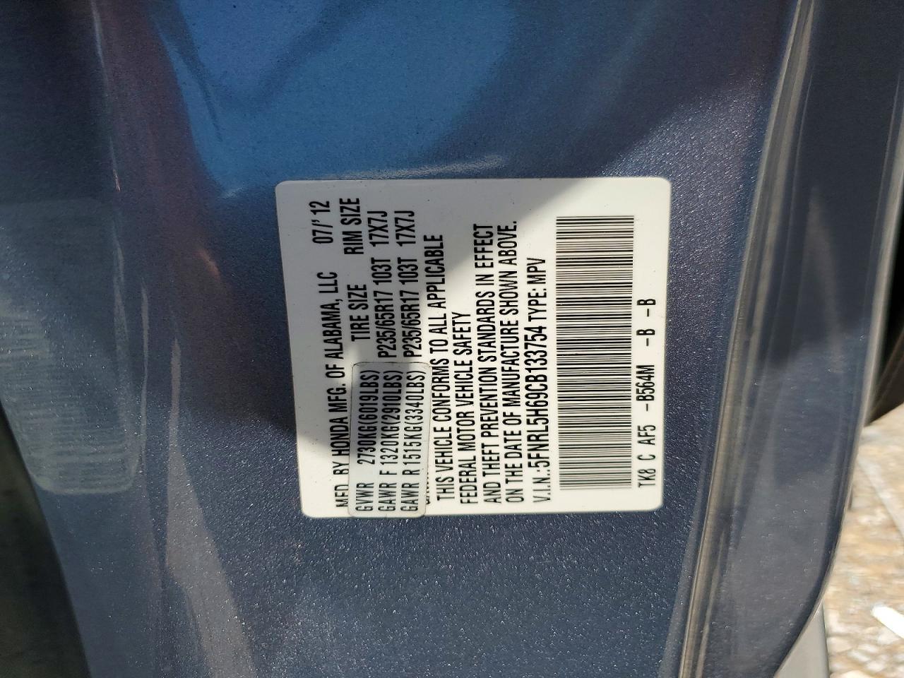 2012 Honda Odyssey Exl Gray vin: 5FNRL5H69CB133754