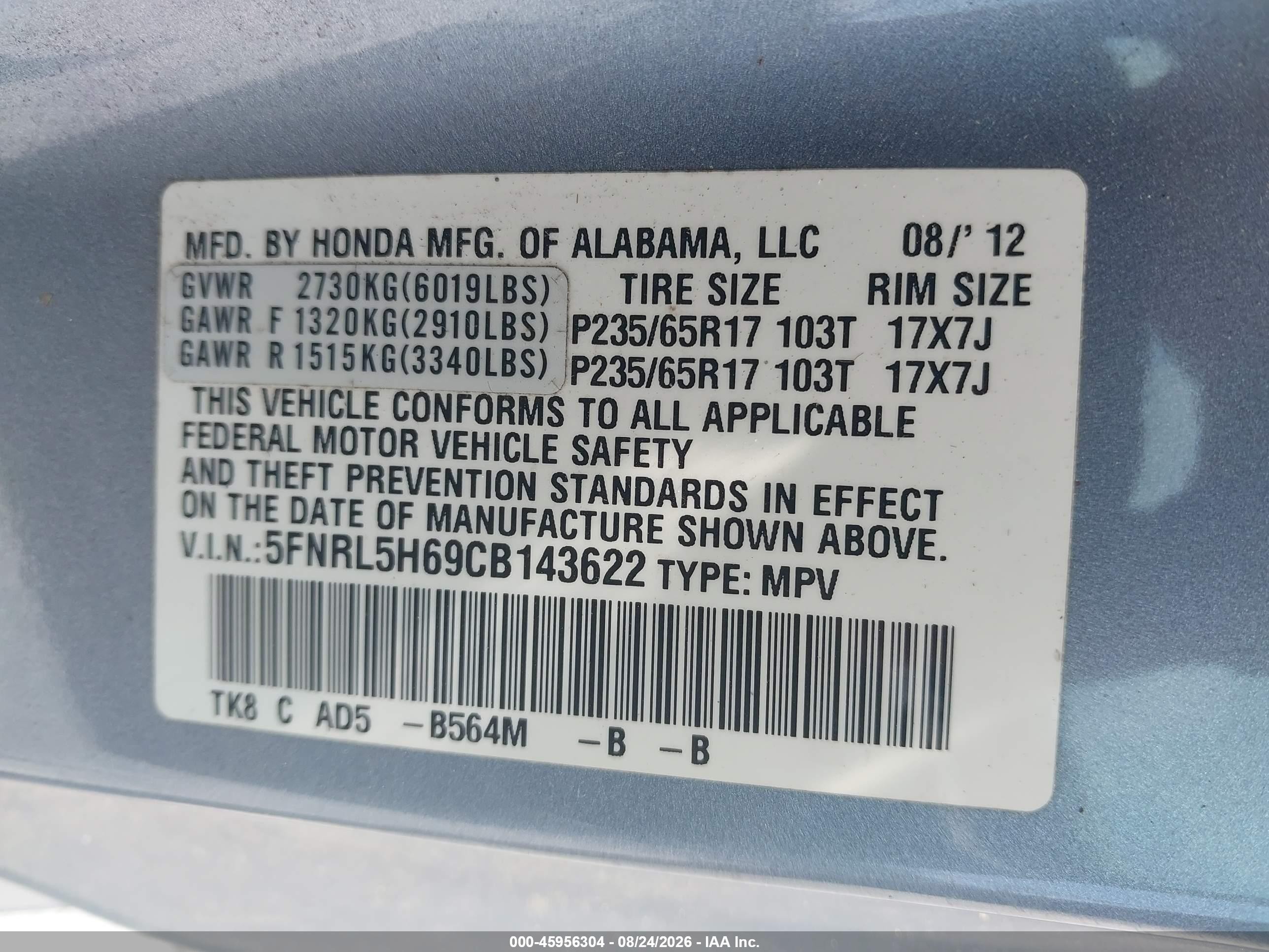2012 Honda Odyssey Ex-l Light Blue vin: 5FNRL5H69CB143622