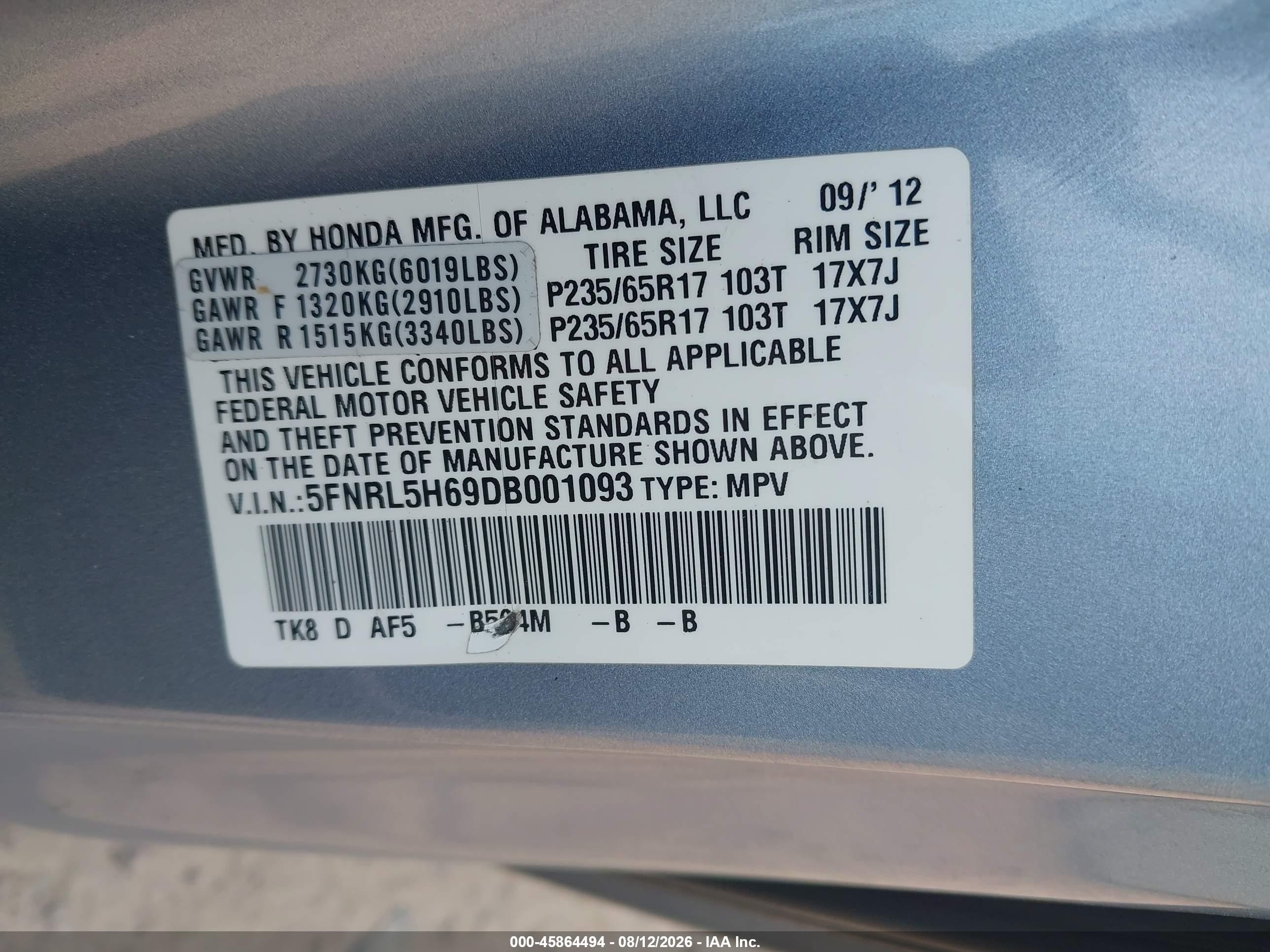 2013 Honda Odyssey Ex-l Light Blue vin: 5FNRL5H69DB001093