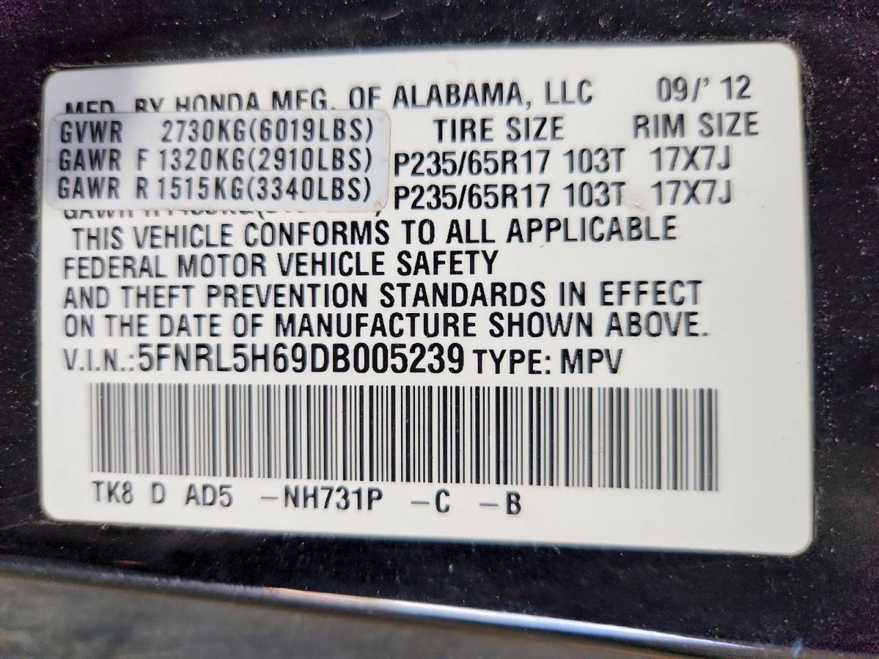 2013 Honda Odyssey Exl Black vin: 5FNRL5H69DB005239