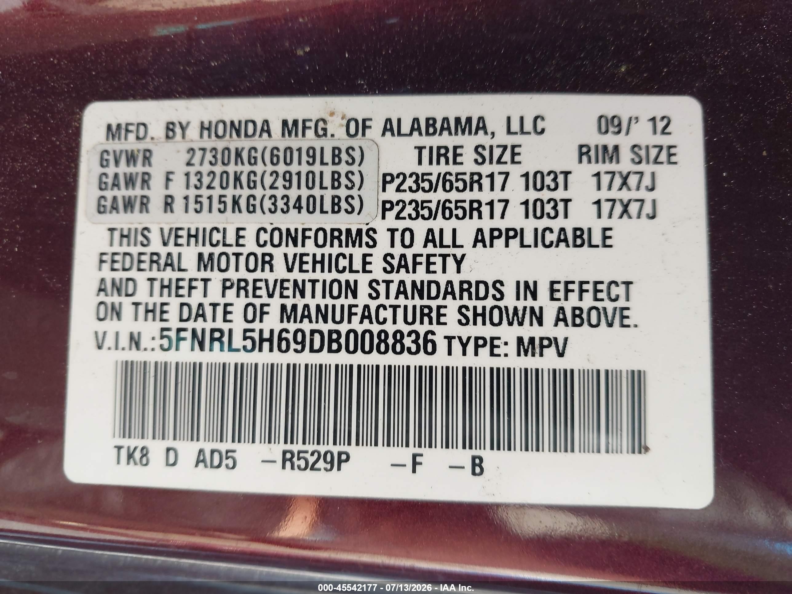 2013 Honda Odyssey Ex-l Maroon vin: 5FNRL5H69DB008836