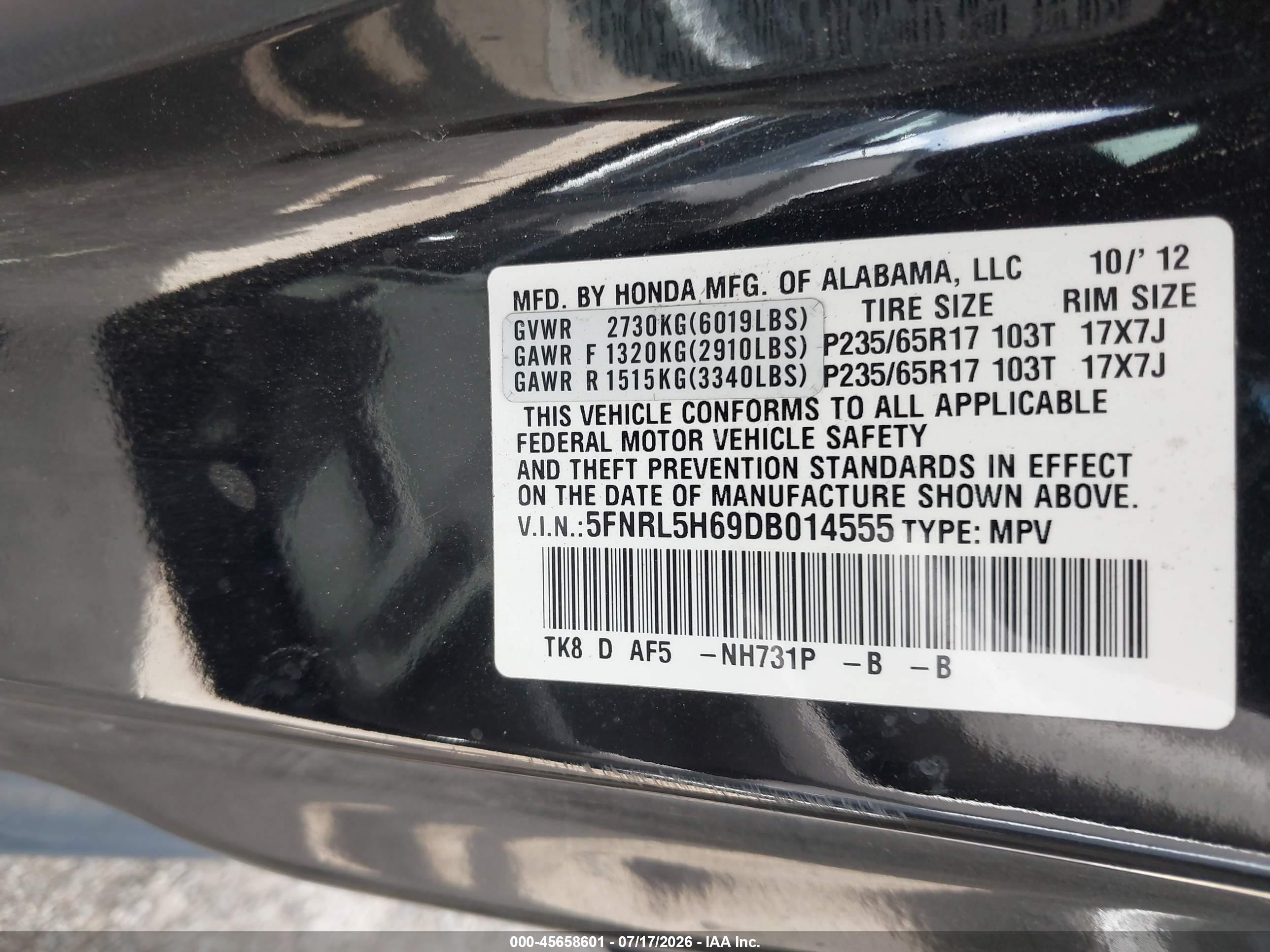 2013 Honda Odyssey Ex-l Black vin: 5FNRL5H69DB014555